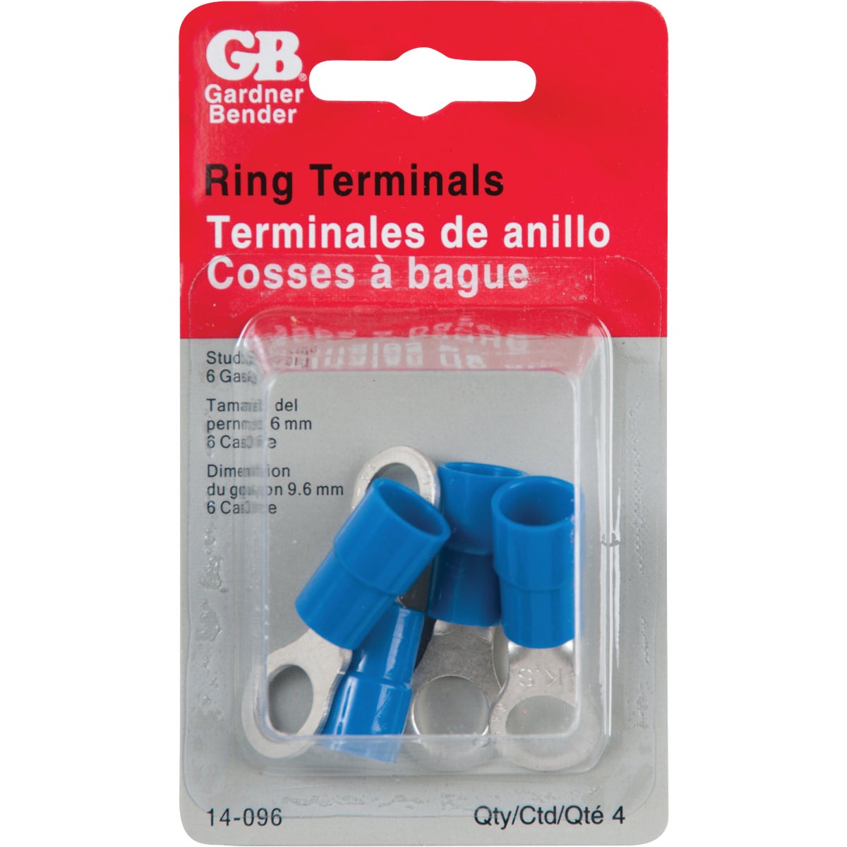 Gardner Bender 6 AWG 3/8 In. Stud Size Blue Vinyl-Insulated Barrel Ring Terminal (4-Pack) Image 1