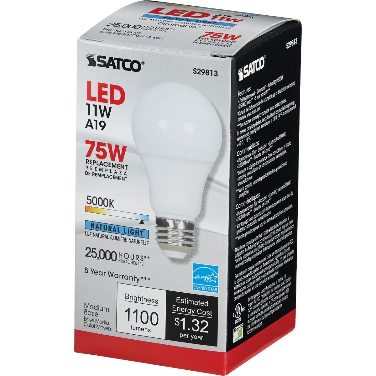 Satco 75W Equivalent Natural Light A19 Medium Dimmable LED Light Bulb Image 3