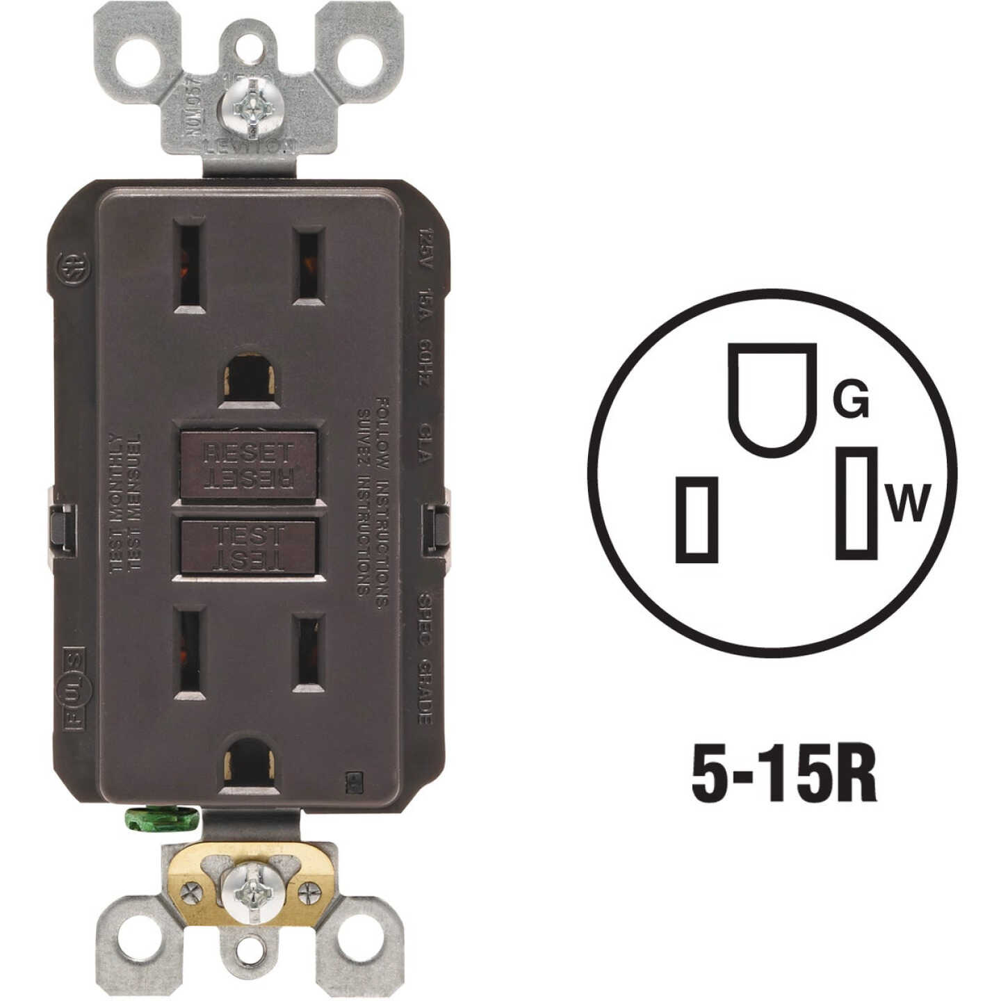 Leviton SmartlockPro Self-Test 15A Brown Residential Grade Rounded Corner 5-15R GFCI Outlet Image 1