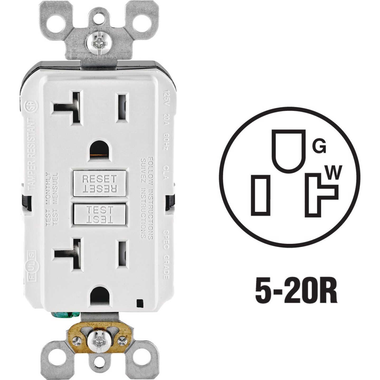 Leviton SmartlockPro Self-Test 20A White Commercial Grade Tamper Resistant 5-20R GFCI Outlet Image 1