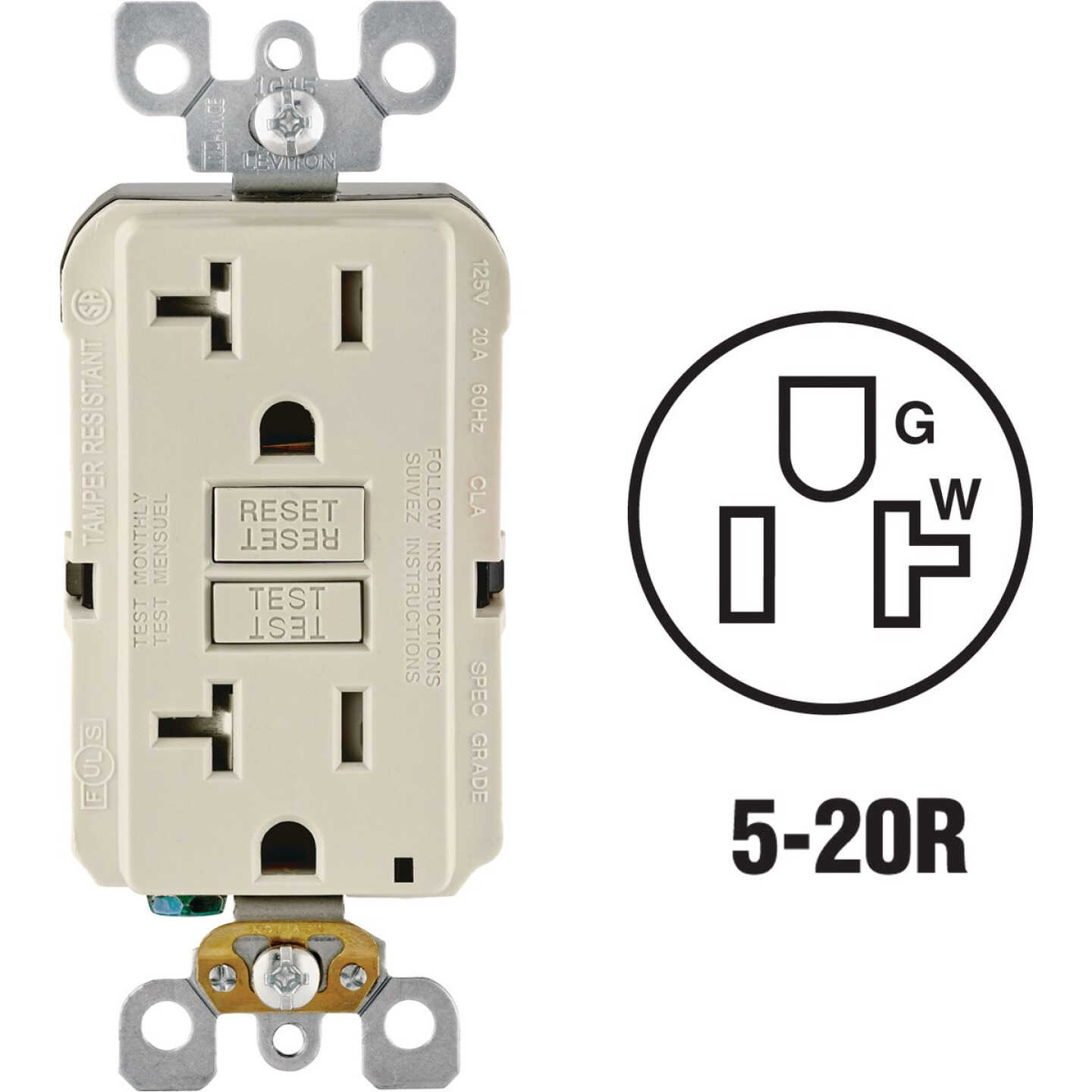 Leviton SmartlockPro Self-Test 20A Light Almond Commercial Grade Tamper Resistant 5-20R GFCI Outlet Image 1