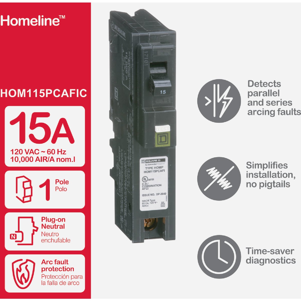 Square D Homeline 15A Single-Pole CAFCI Plug-On Neutral Combination Arc Fault Breaker Image 2
