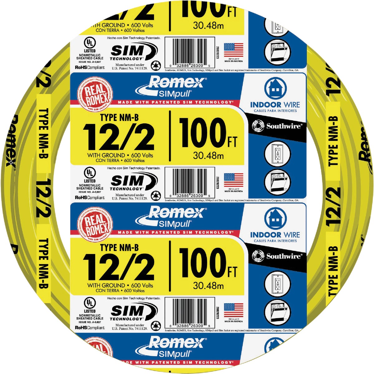 Romex 100 Ft. 12/2 Solid Yellow NMW/G Electrical Wire
