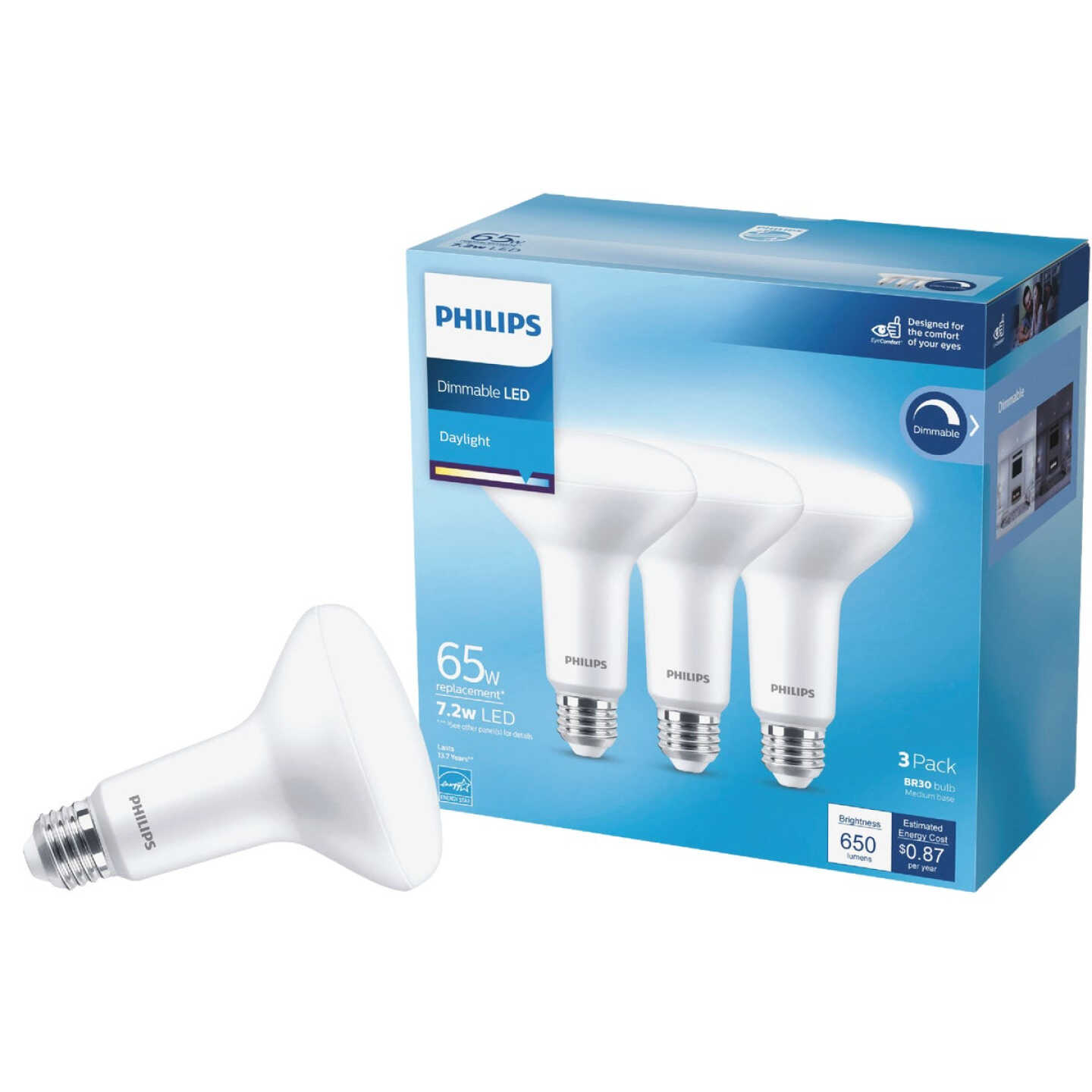 Philips 65W Equivalent Daylight BR30 Medium Dimmable LED Floodlight Light Bulb (3-Pack) Image 1