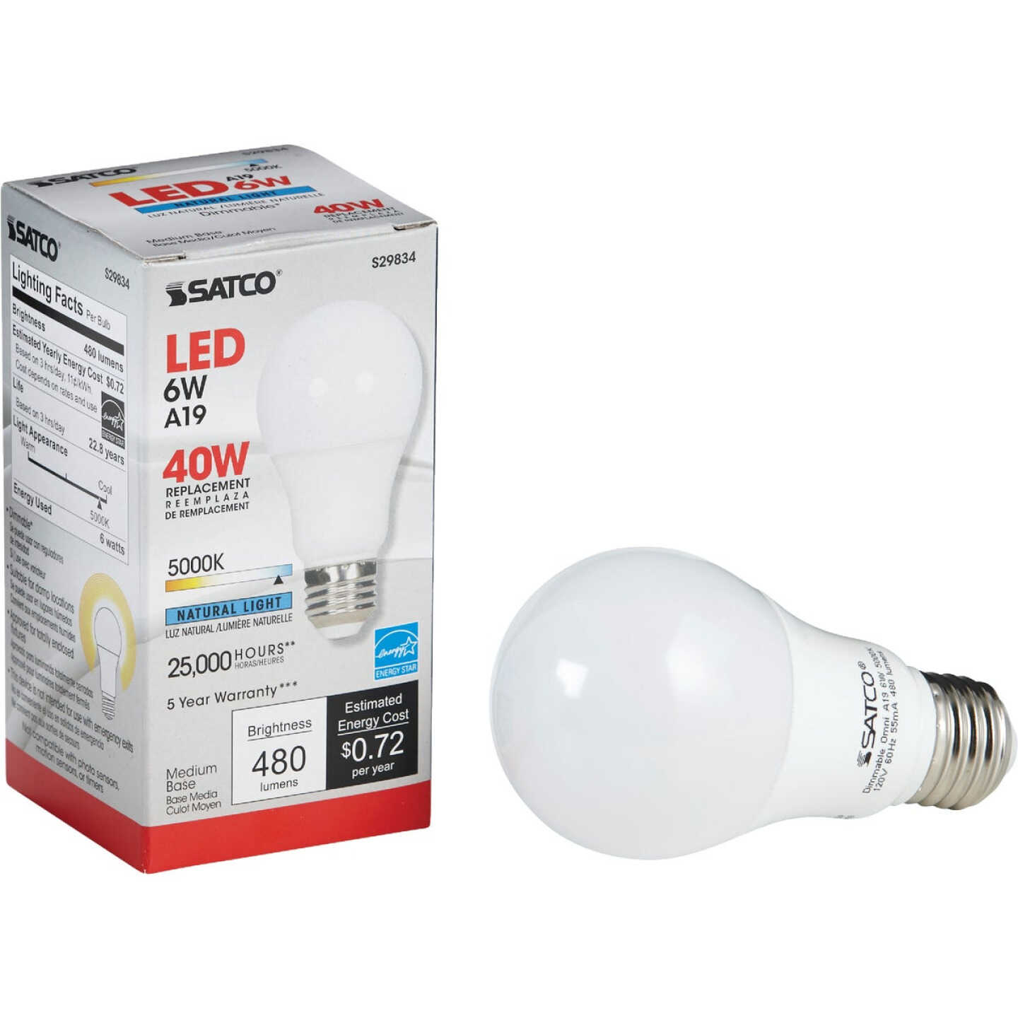 Satco 40W Equivalent Natural Light A19 Medium Dimmable LED Light Bulb Image 1