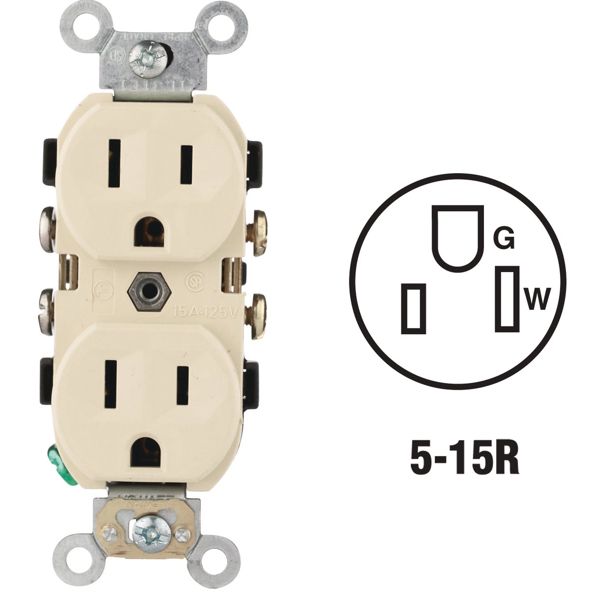 Leviton 15A Ivory Commercial Grade 5-15R Duplex Outlet Image 1