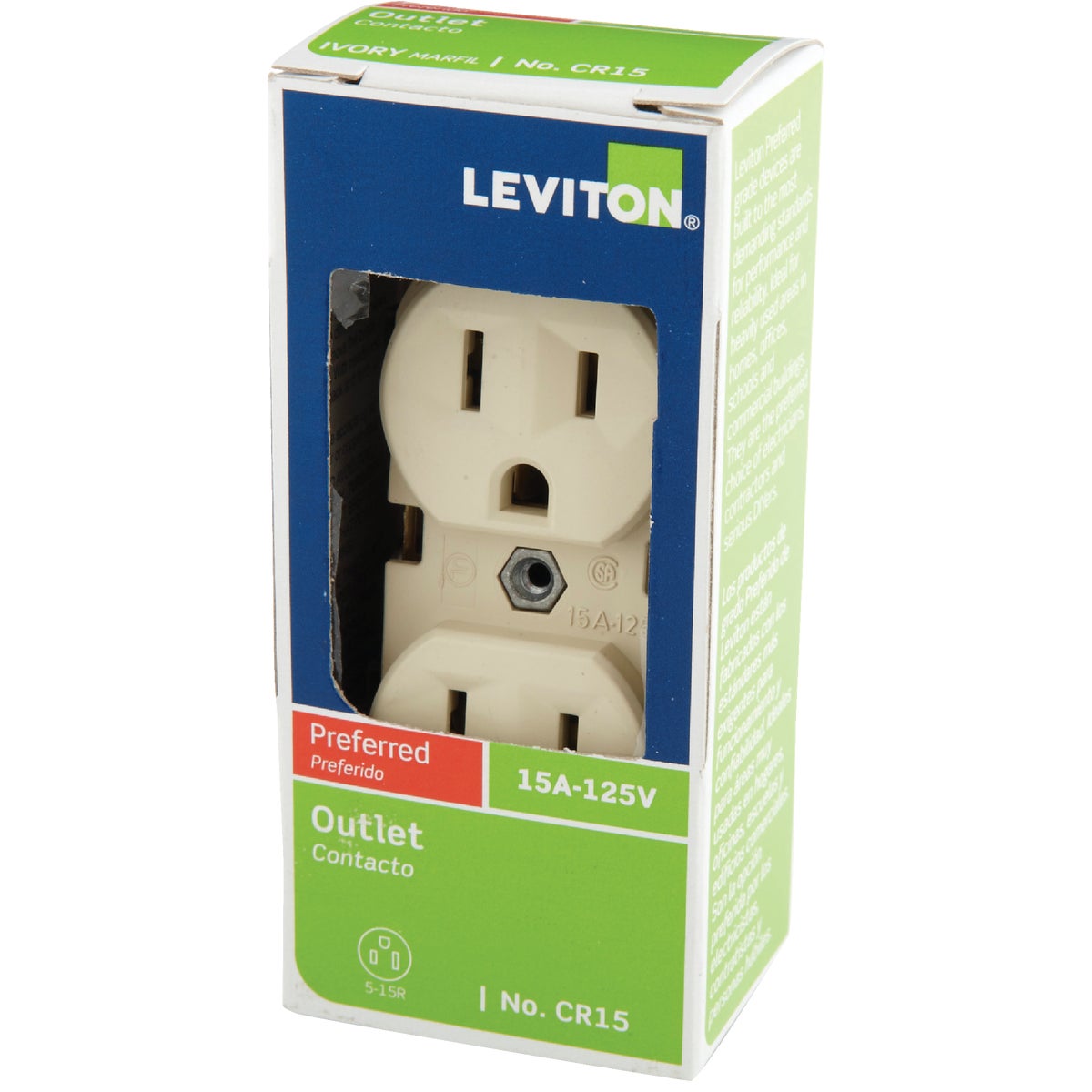 Leviton 15A Ivory Commercial Grade 5-15R Duplex Outlet Image 3