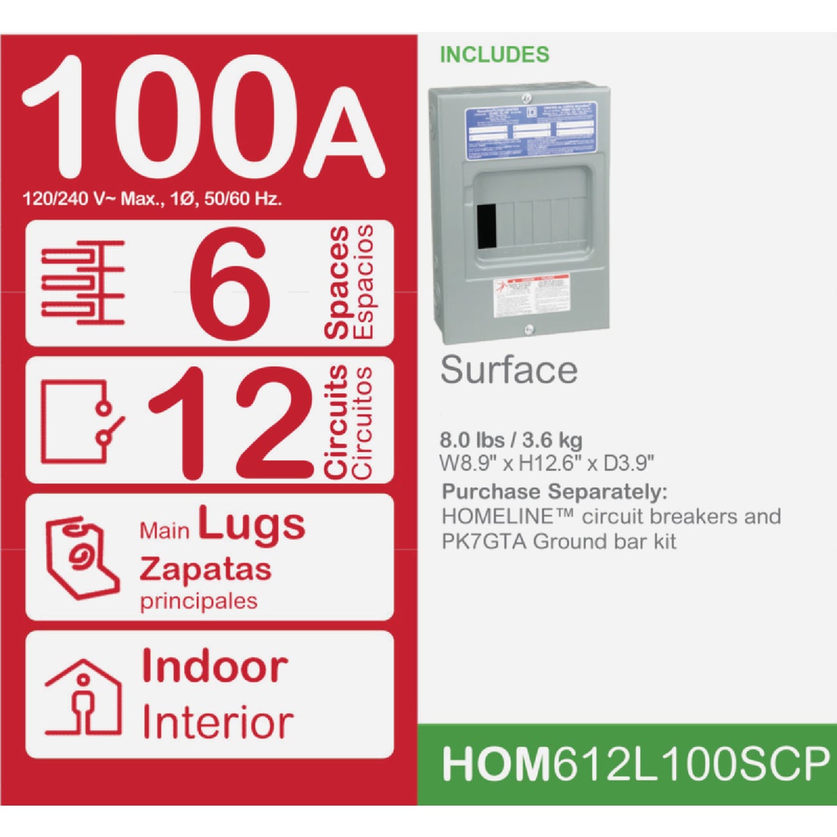 Square D Homeline 100A 6-Space 12-Circuit Indoor Main Lug Surface Mount Load Center Image 2