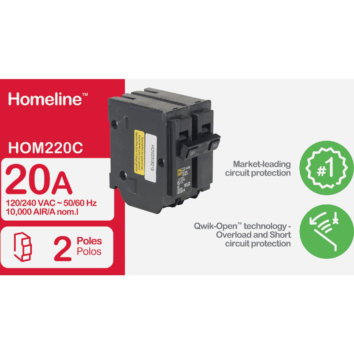 Square D Homeline 20A Double-Pole Standard Trip Circuit Breaker Image 2