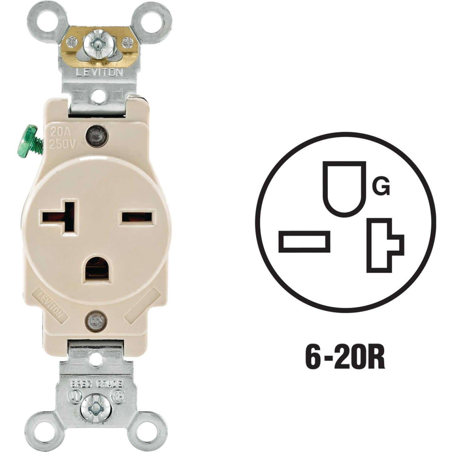 Leviton 20A Light Almond Heavy-Duty 6-20R Grounding Single Outlet Image 1
