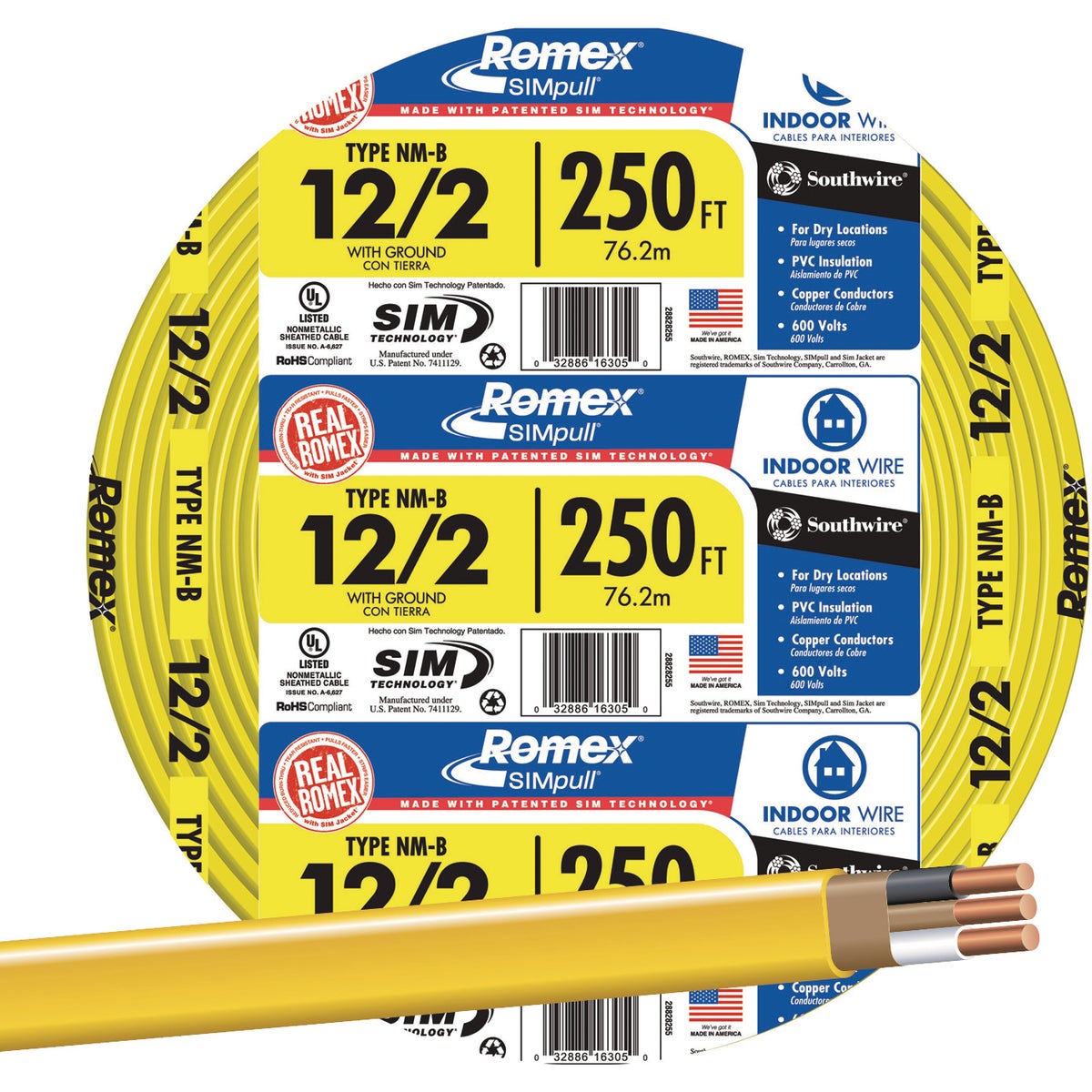 Romex 250 Ft. 12/2 Solid Yellow NMW/G Electrical Wire