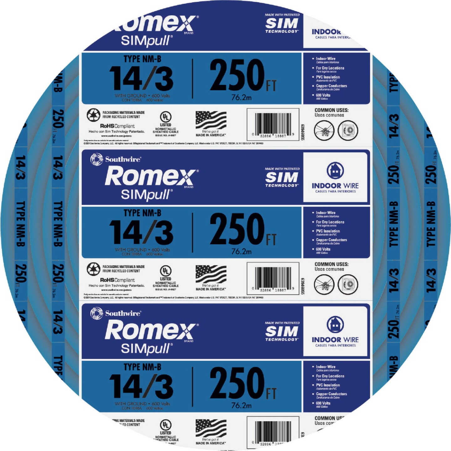 Romex 250 Ft. 14/3 Solid Blue NMW/G Electrical Wire Image 1