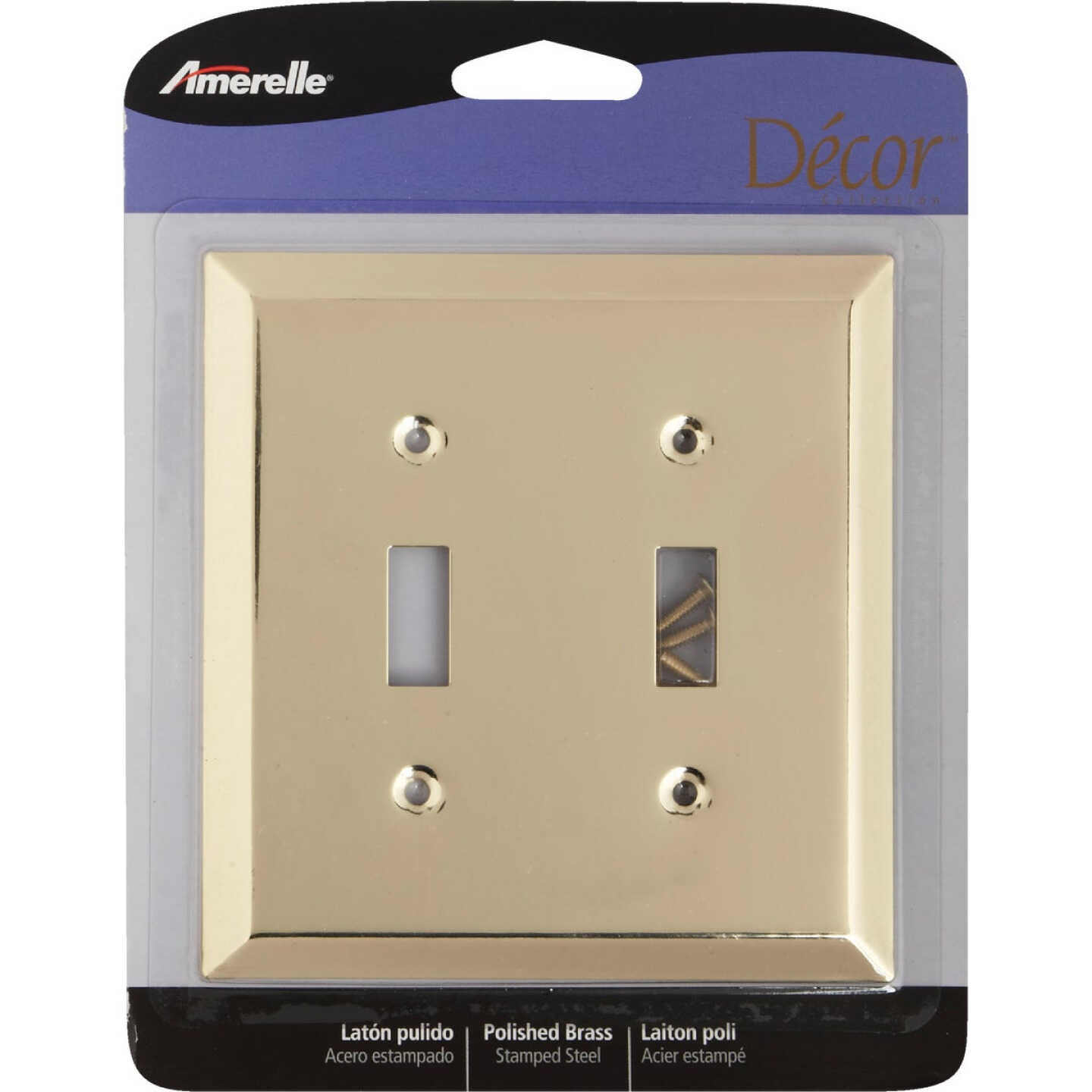 Amerelle 2-Gang Stamped Steel Toggle Switch Wall Plate, Polished Brass Image 2