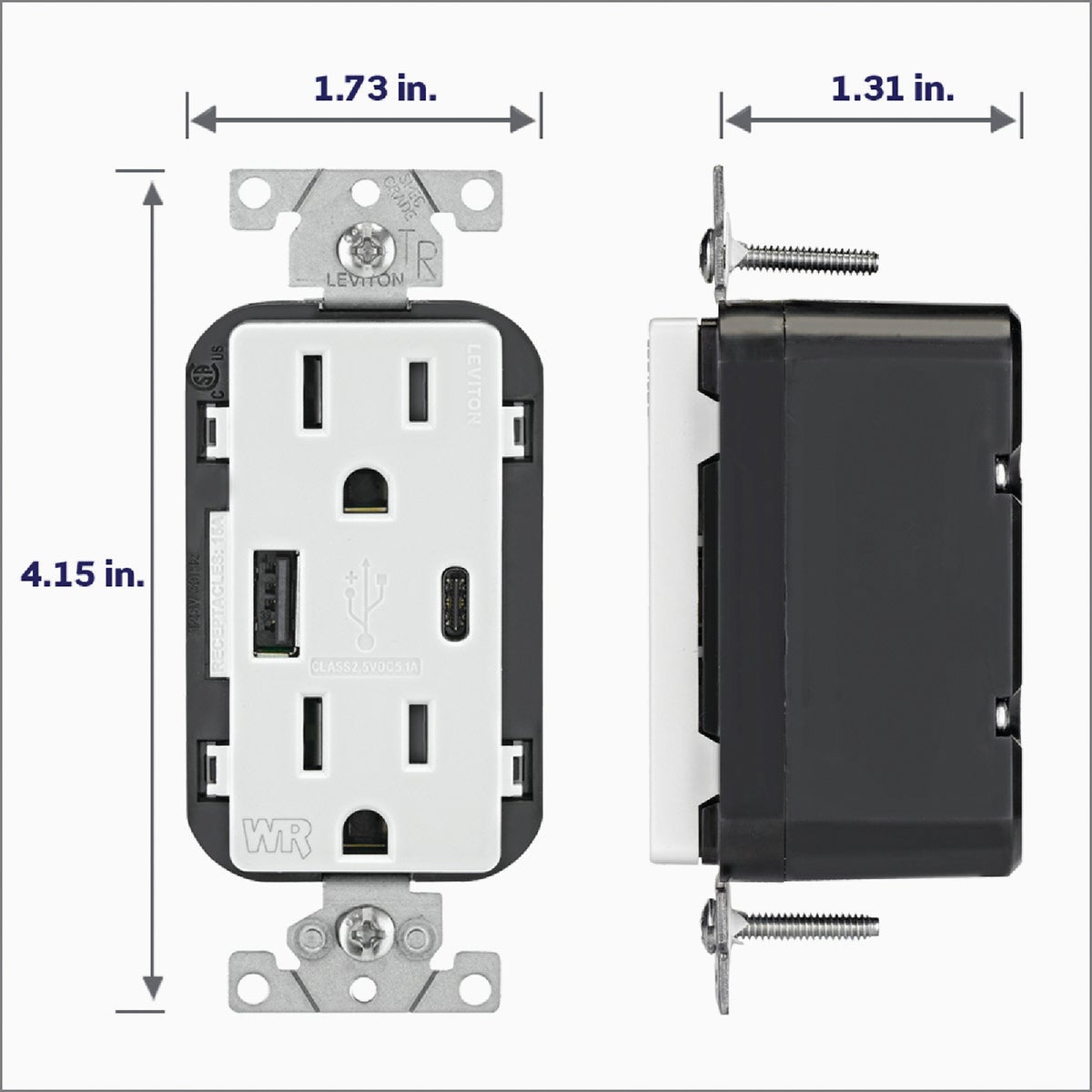 Leviton Decora 15A White 5.1A Type A/C USB 5-15R Weather/Tamper-Resistant In-Wall Charger Duplex Outlet Image 4
