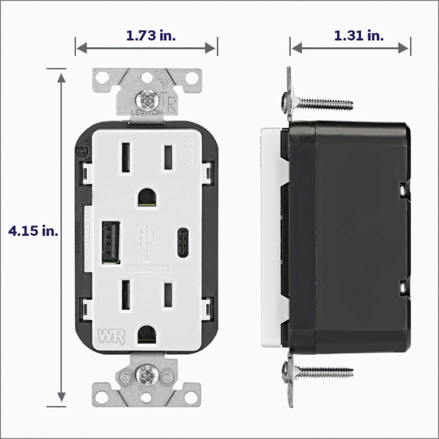 Leviton Decora 15A White 5.1A Type A/C USB 5-15R Weather/Tamper-Resistant In-Wall Charger Duplex Outlet Image 4