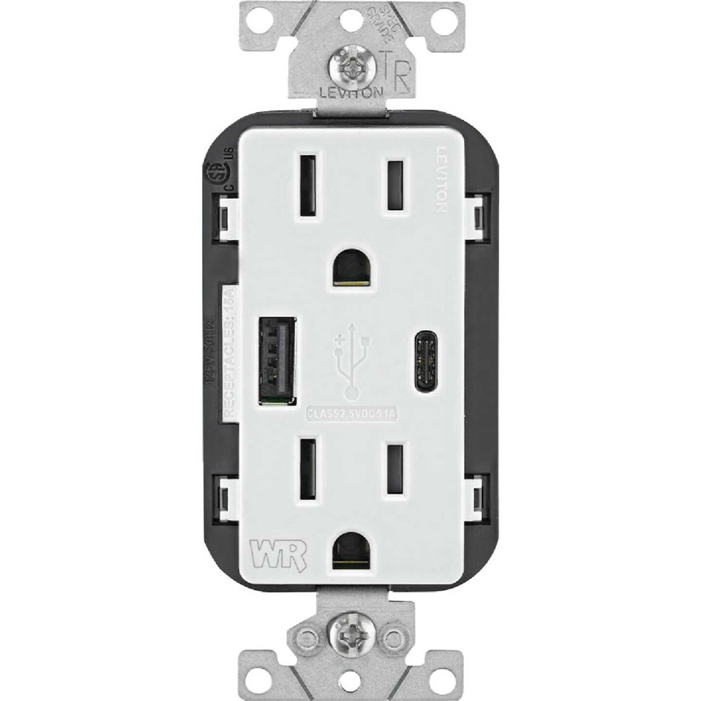 Leviton Decora 15A White 5.1A Type A/C USB 5-15R Weather/Tamper-Resistant In-Wall Charger Duplex Outlet Image 7