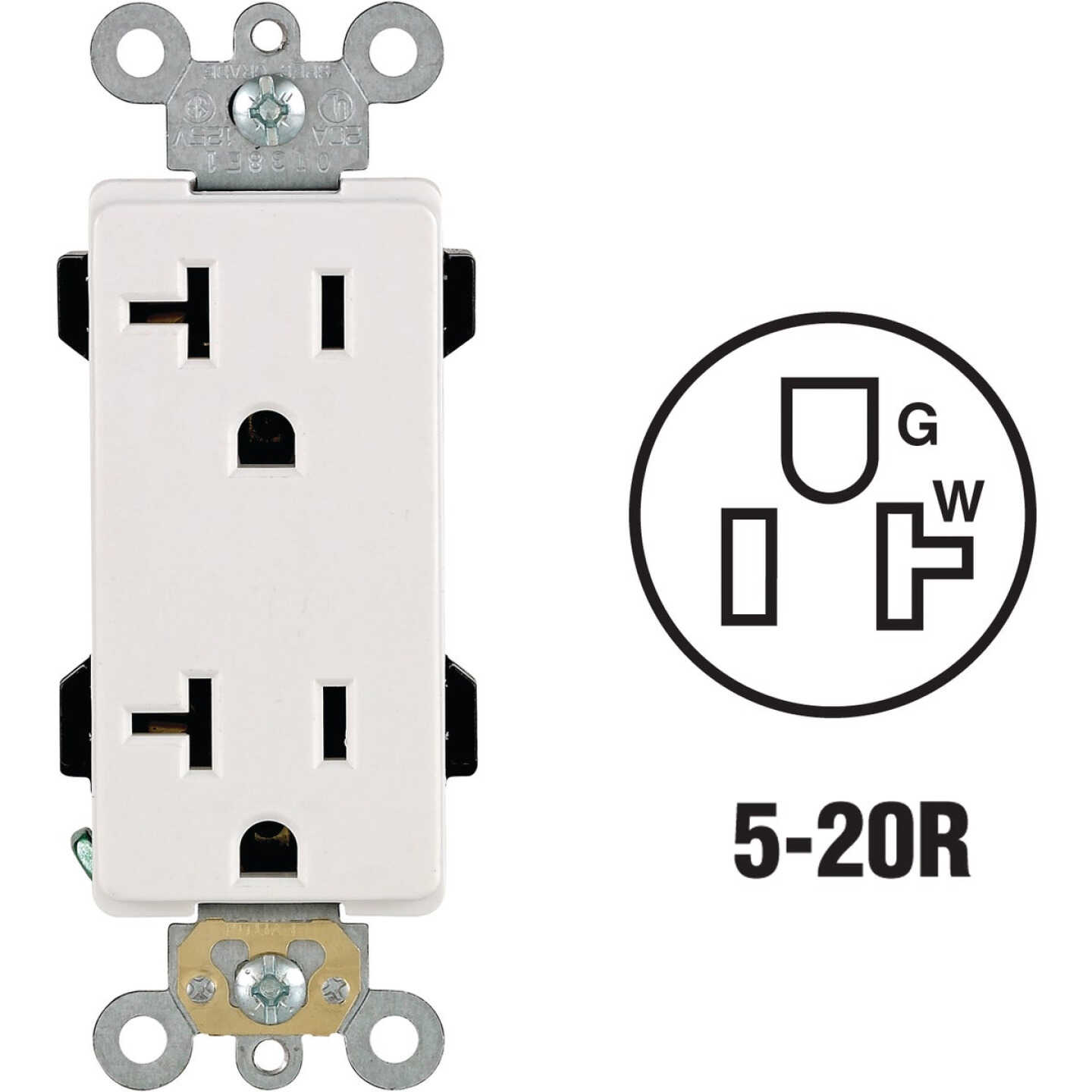 Leviton Decora Plus 20A White Residential Grade 5-20R Duplex Outlet Image 1