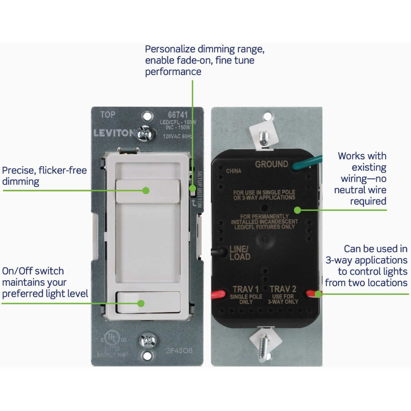 Leviton SureSlide LED/CFL White Slide Dimmer Image 2