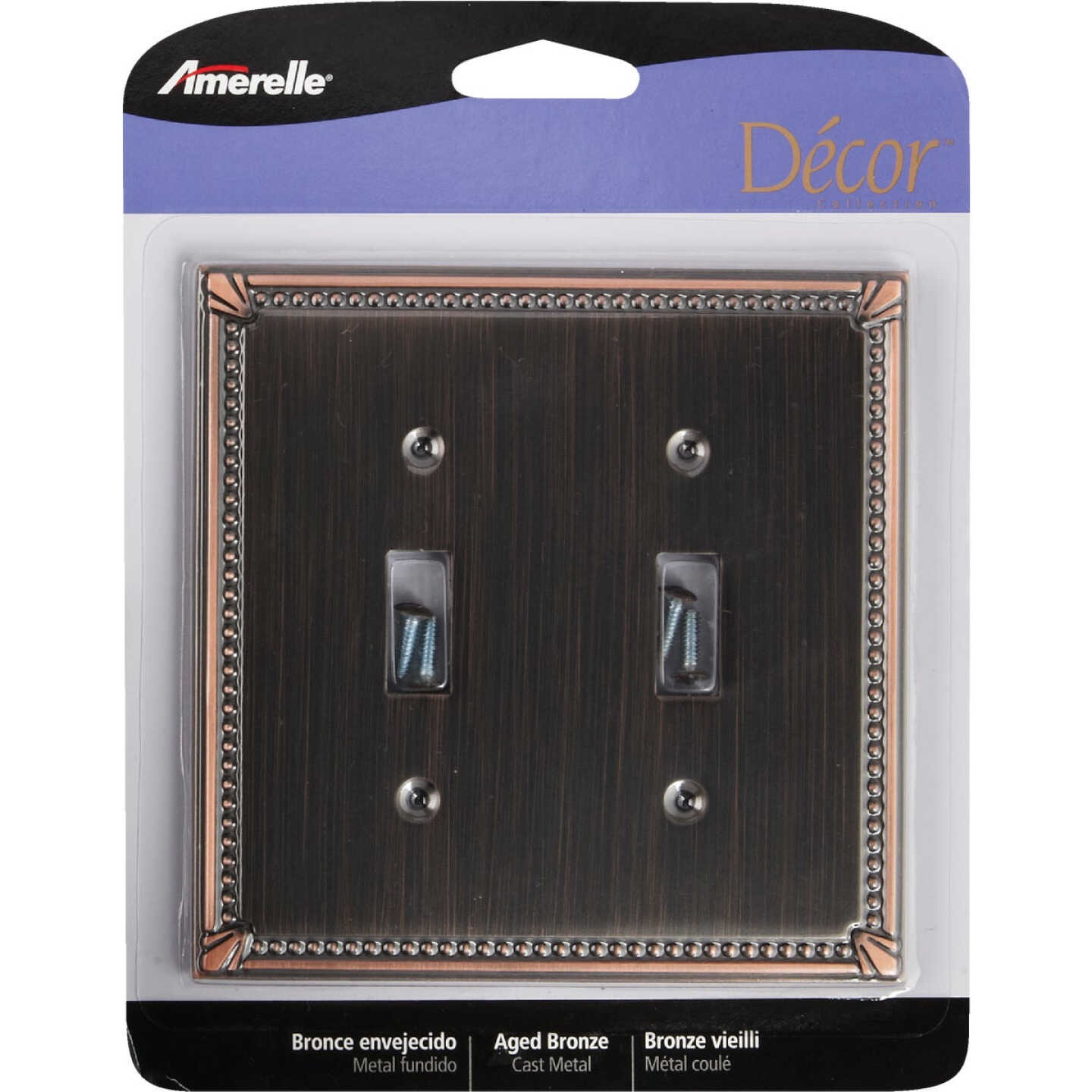 Amerelle Imperial Bead 2-Gang Cast Metal Toggle Switch Wall Plate, Aged Bronze Image 2