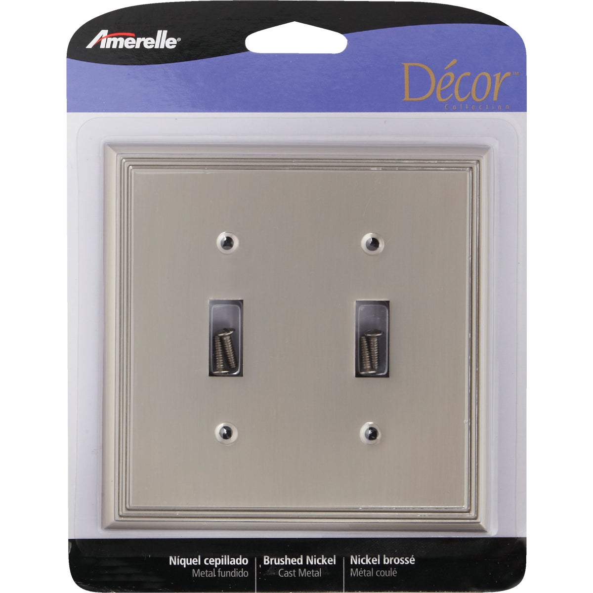 Amerelle Metro Line 2-Gang Cast Metal Toggle Switch Wall Plate, Brushed Nickel Image 2