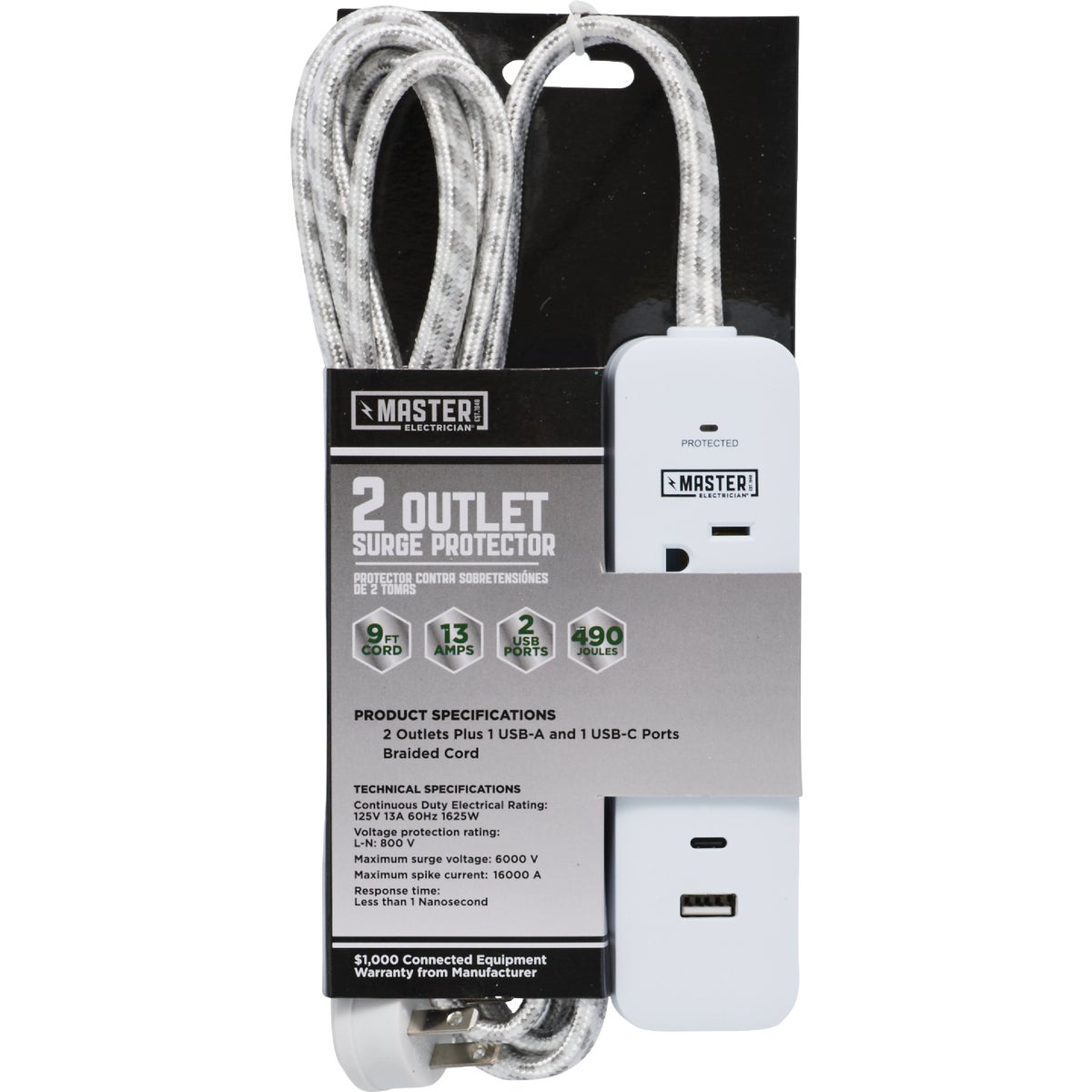 Master Electrician 2-Outlet/1-USB-A/1 USB-C 450J White Surge Protector with 9 Ft. Braided Cord & Right Angle Plug