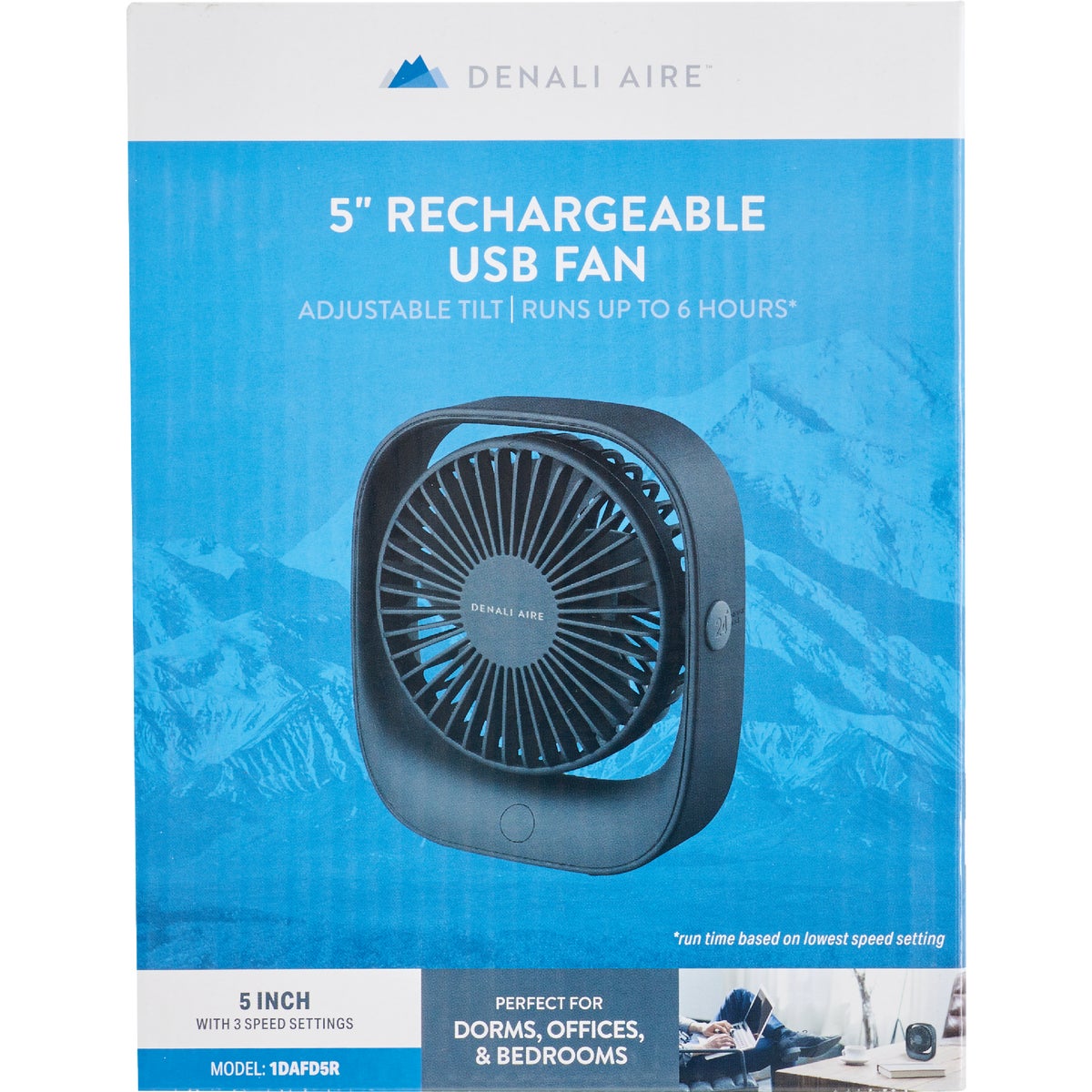 Denali Aire 5 In. 3-Speed Black Rechargeable USB Table Fan Image 2