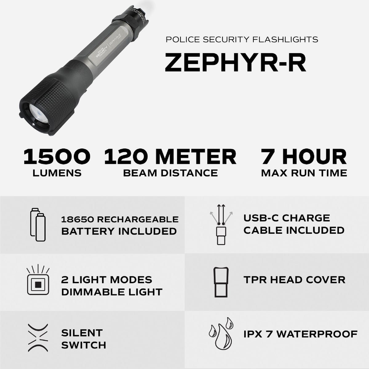 Police Security Zephyr-R 1500 Lm. LED Flashlight Image 2