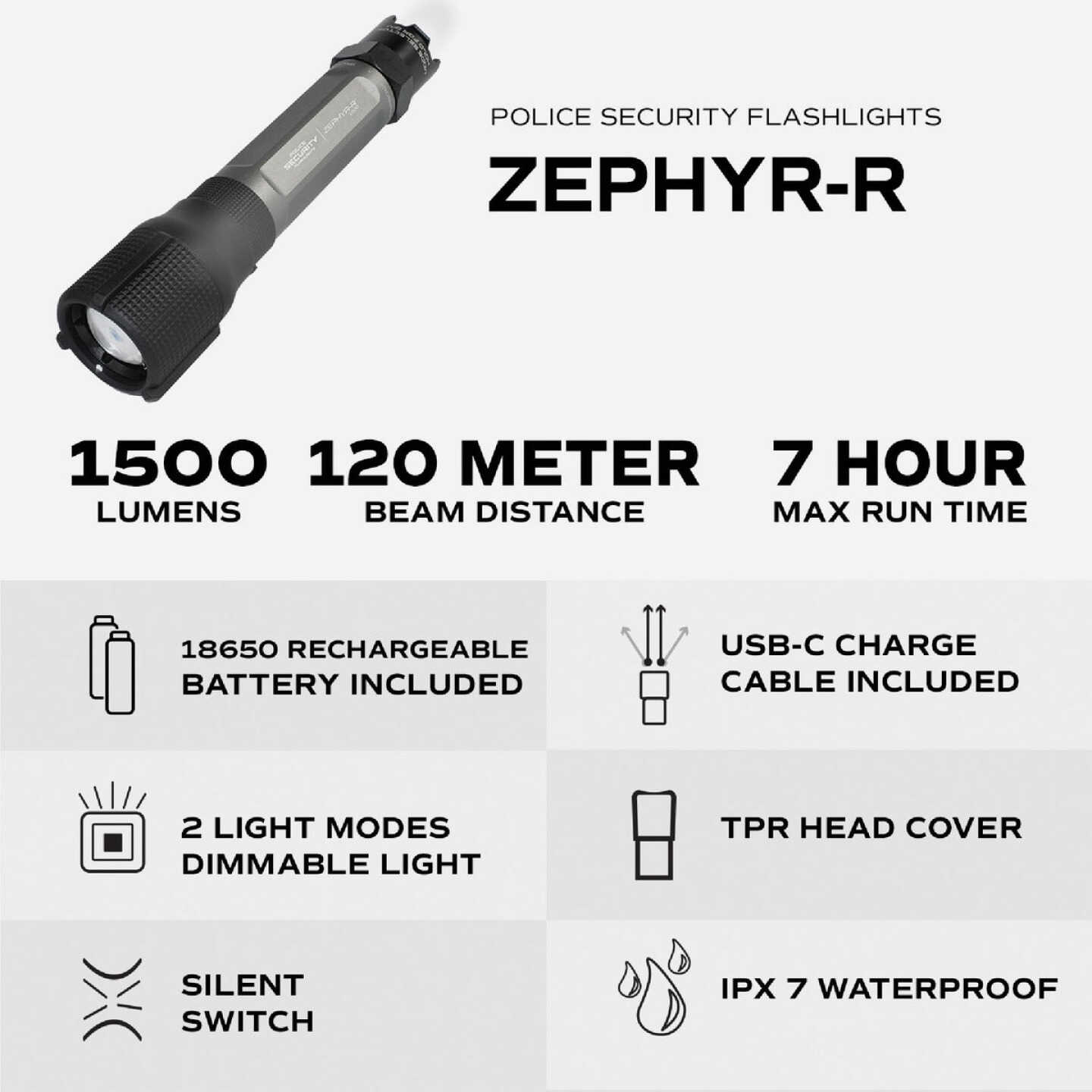 Police Security Zephyr-R 1500 Lm. LED Flashlight Image 2