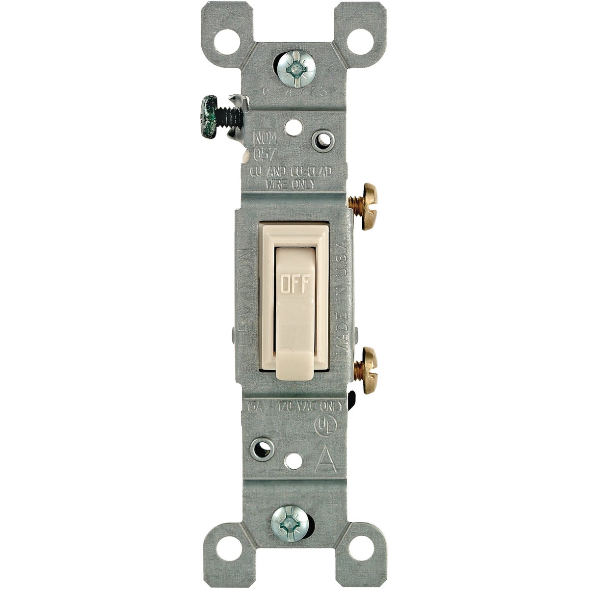 Leviton Residential Grade 15 Amp Toggle Single Pole Grounded Switch, Light Almond Image 1