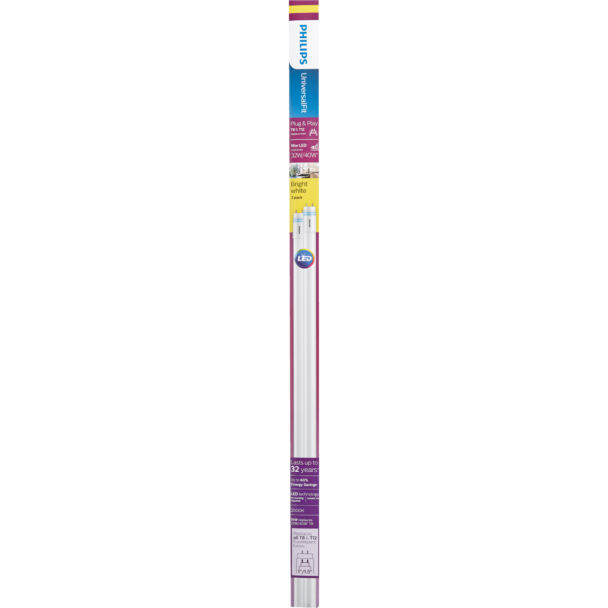 Philips UniversalFit 32W/40W Equivalent 48 In. Bright White T8 Bi-Pin LED Tube Light Bulb (2-Pack) Image 2