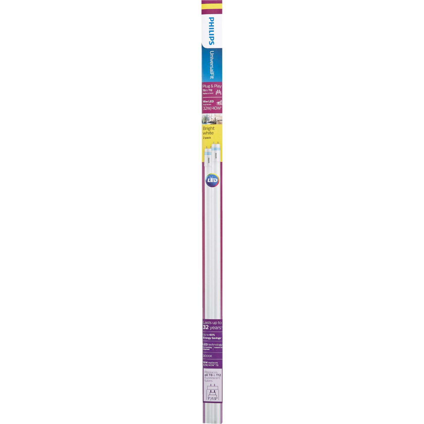 Philips UniversalFit 32W/40W Equivalent 48 In. Bright White T8 Bi-Pin LED Tube Light Bulb (2-Pack) Image 2