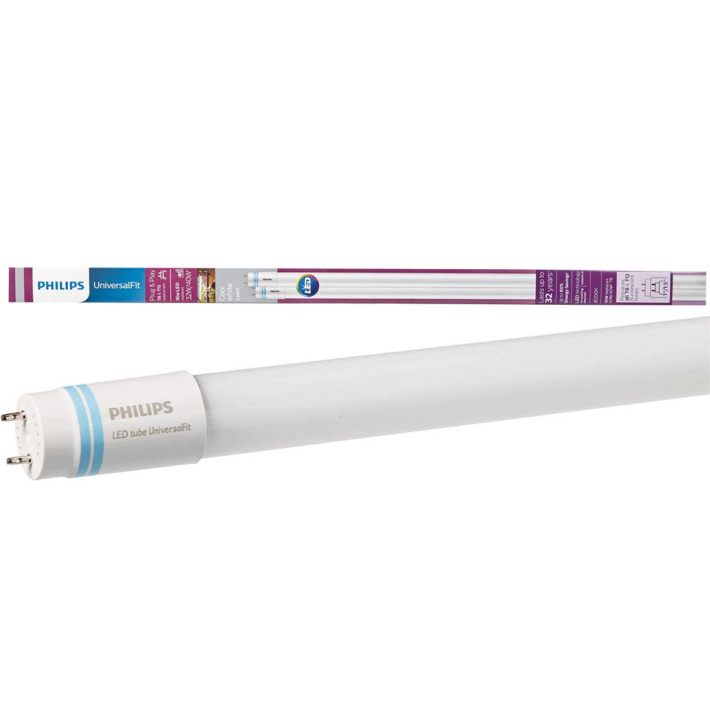 Philips UniversalFit 32W/40W Equivalent 48 In. Cool White T8 Bi-Pin LED Tube Light Bulb (2-Pack) Image 1