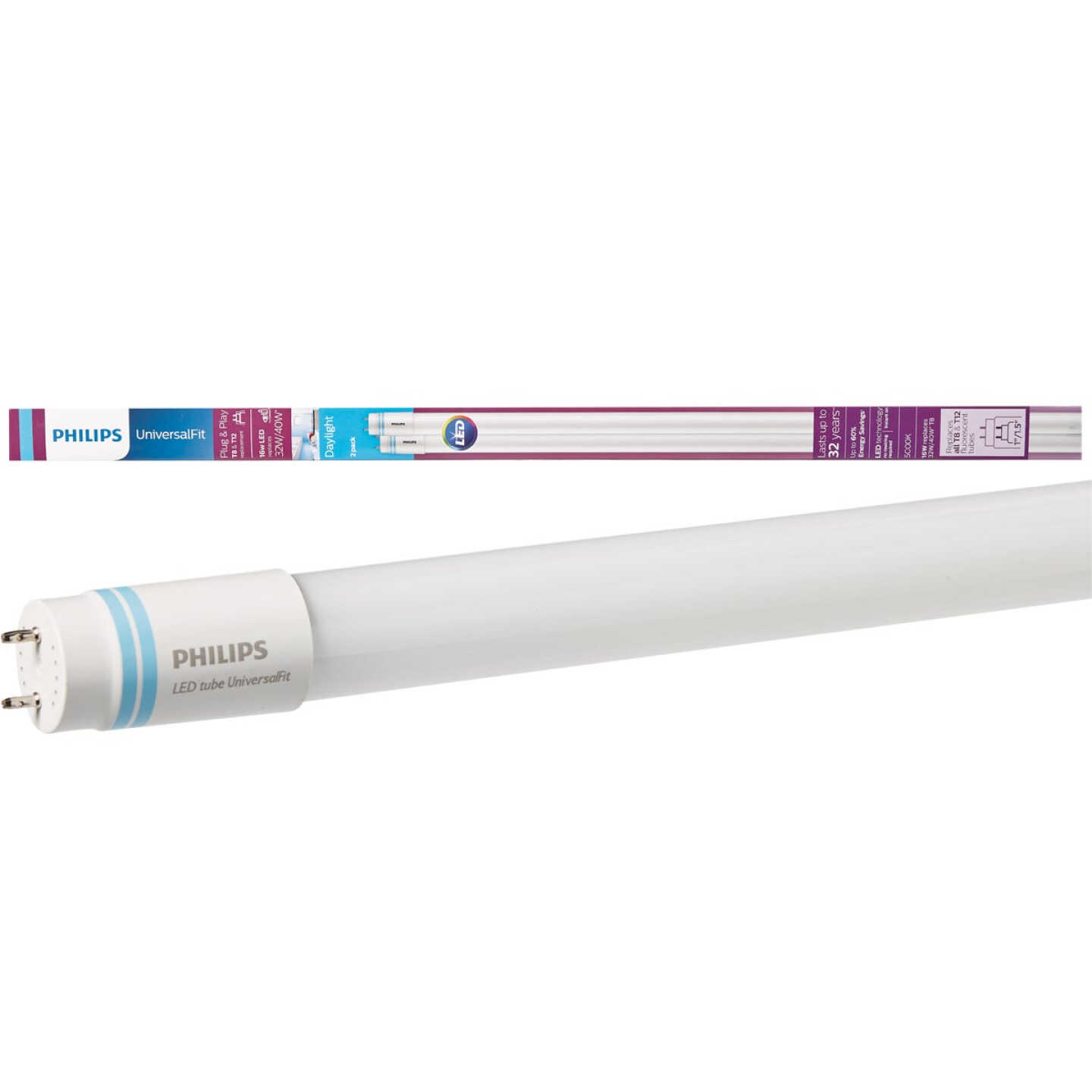 Philips UniversalFit 32W/40W Equivalent 48 In. Daylight T8 Bi-Pin LED Tube Light Bulb (2-Pack) Image 1