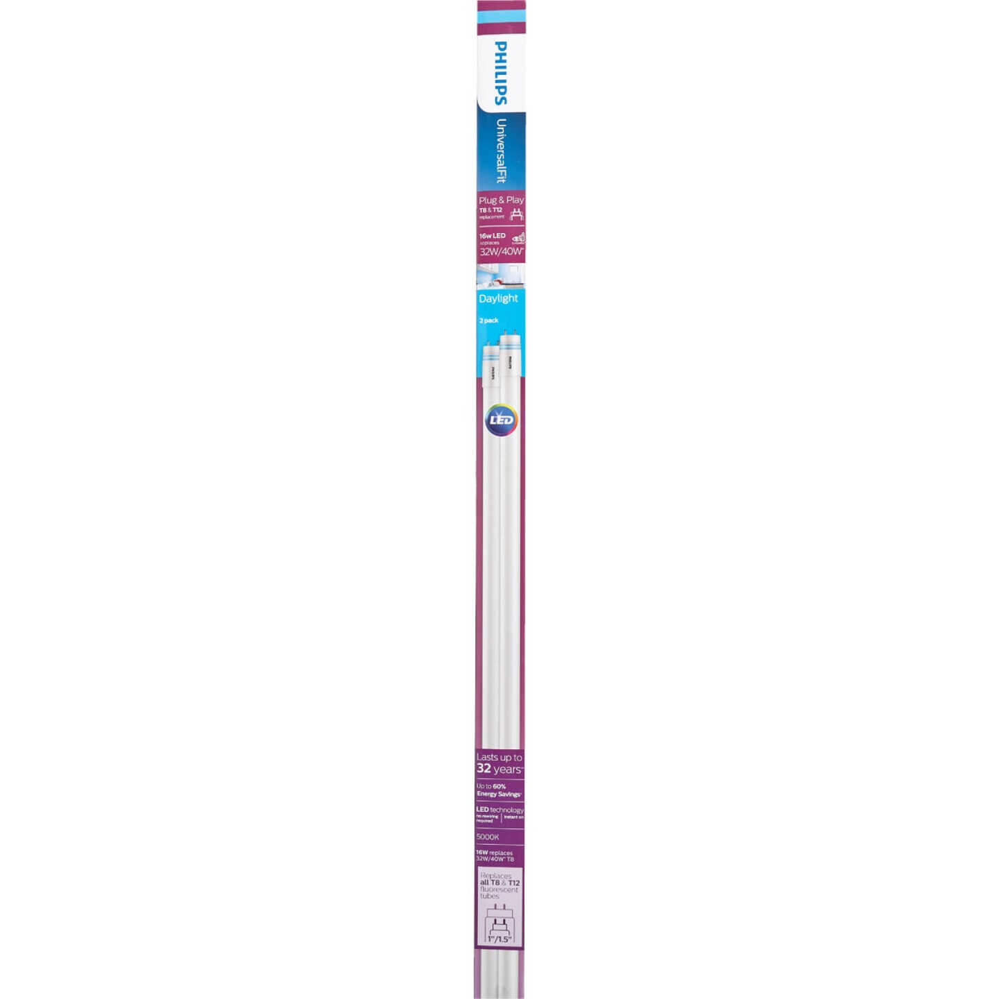 Philips UniversalFit 32W/40W Equivalent 48 In. Daylight T8 Bi-Pin LED Tube Light Bulb (2-Pack) Image 2