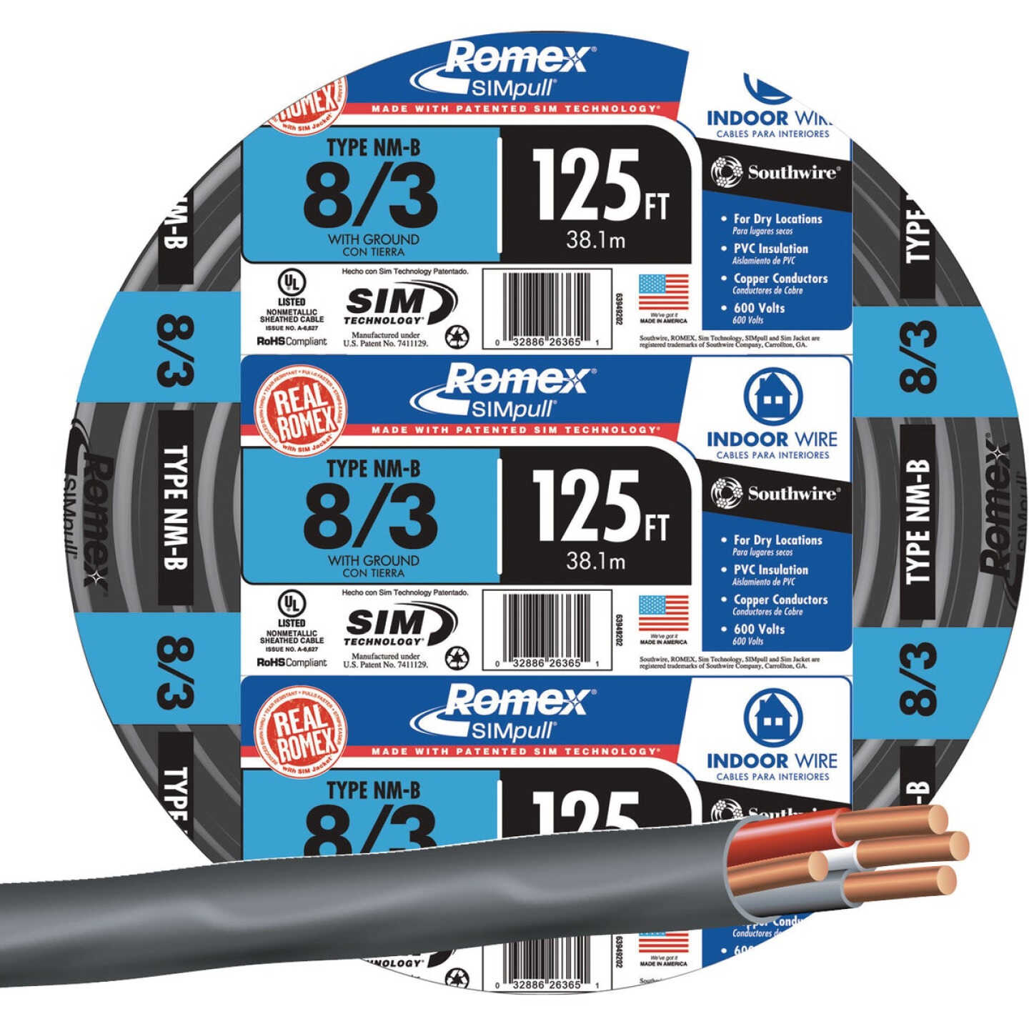 Romex 125 Ft. 8/3 Stranded Black NMW/G Electrical Wire Image 1