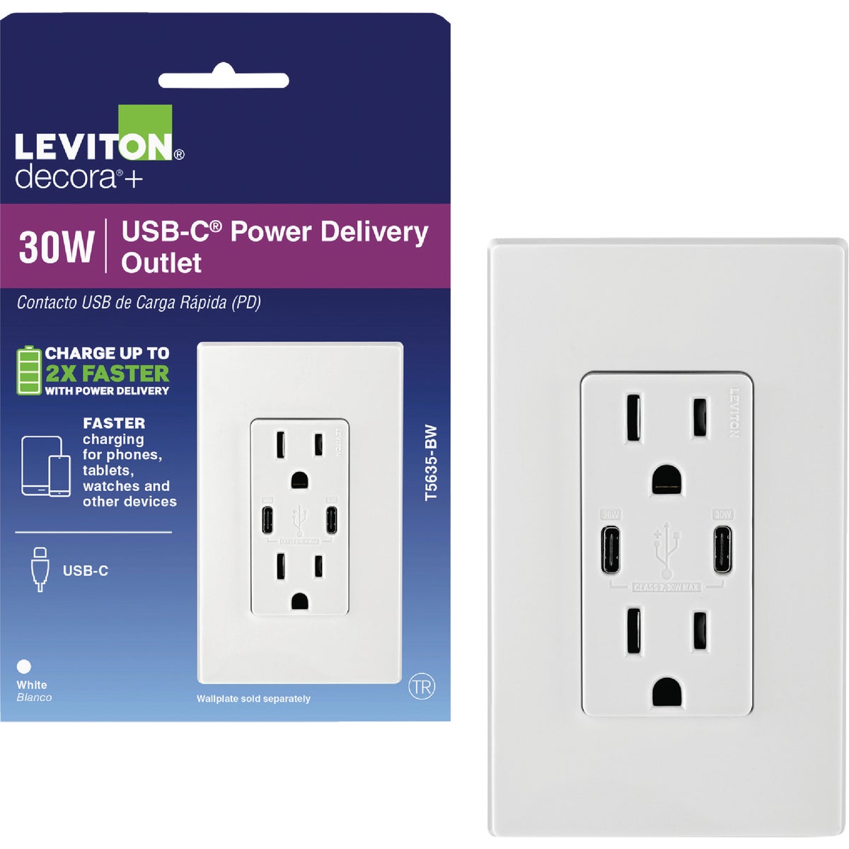 Leviton Decora 15A 125 Volt Tamper-Resistant 6A Type C/C Power Delivery USB In-Wall Charger Duplex Outlet