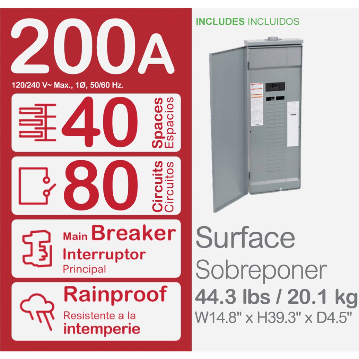 Square D Homeline 200A 40-Space 80-Circuit Raintight Main Breaker Plug-on Neutral Load Center Image 2