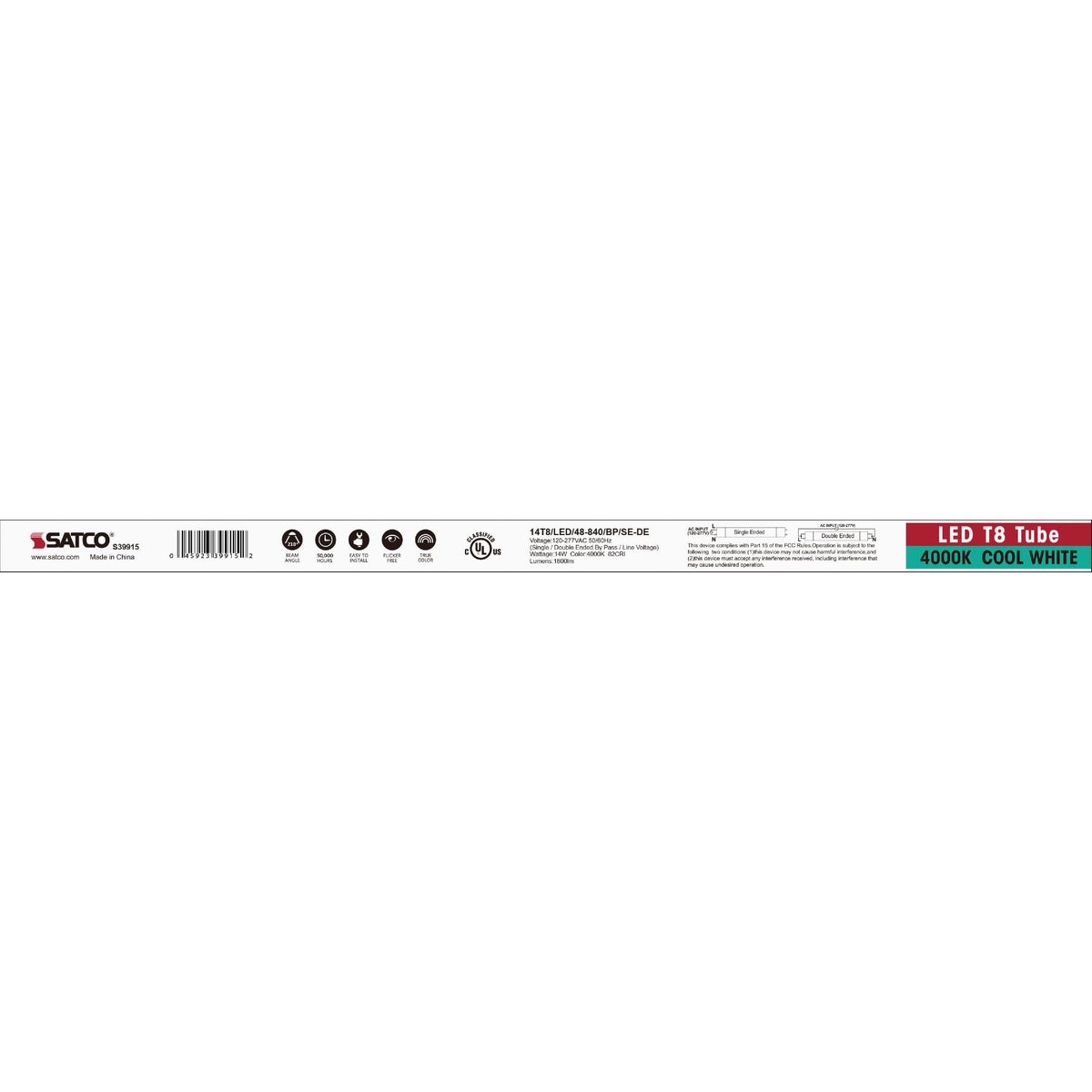 Satco 32W Equivalent 48 In. Cool White T8 Medium Bi-Pin Ballast Bypass DLC Listed LED Tube Light Bulb Image 3