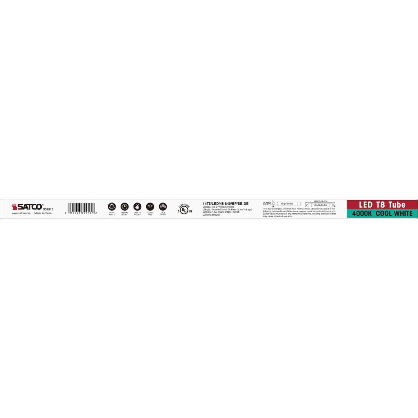 Satco 32W Equivalent 48 In. Cool White T8 Medium Bi-Pin Ballast Bypass DLC Listed LED Tube Light Bulb Image 3