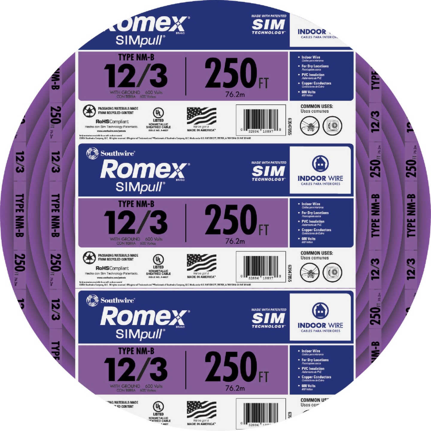 Romex 250 Ft. 12/3 Solid Purple NMW/G Electrical Wire Image 1