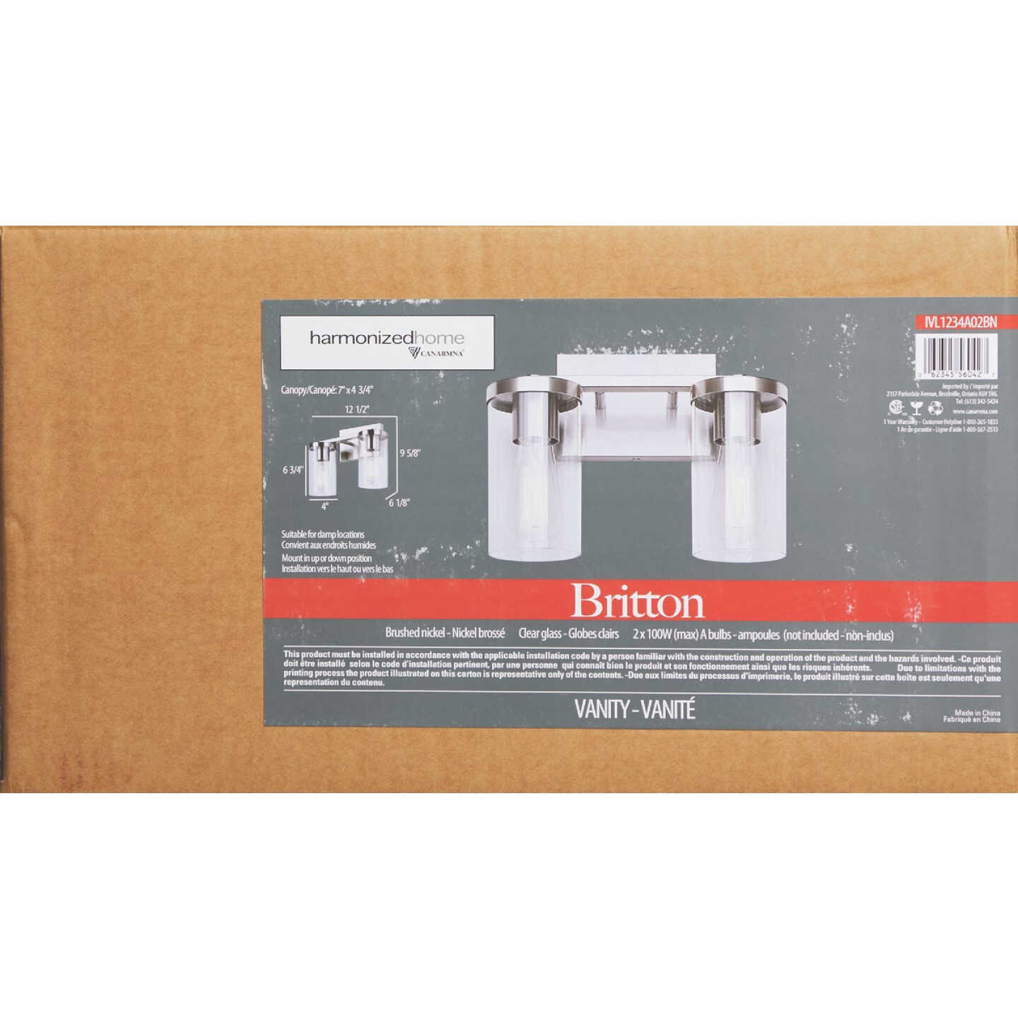 Canarm Britton 2-Light Brushed Nickel Vanity Bath Light Fixture, Clear Glass Image 3