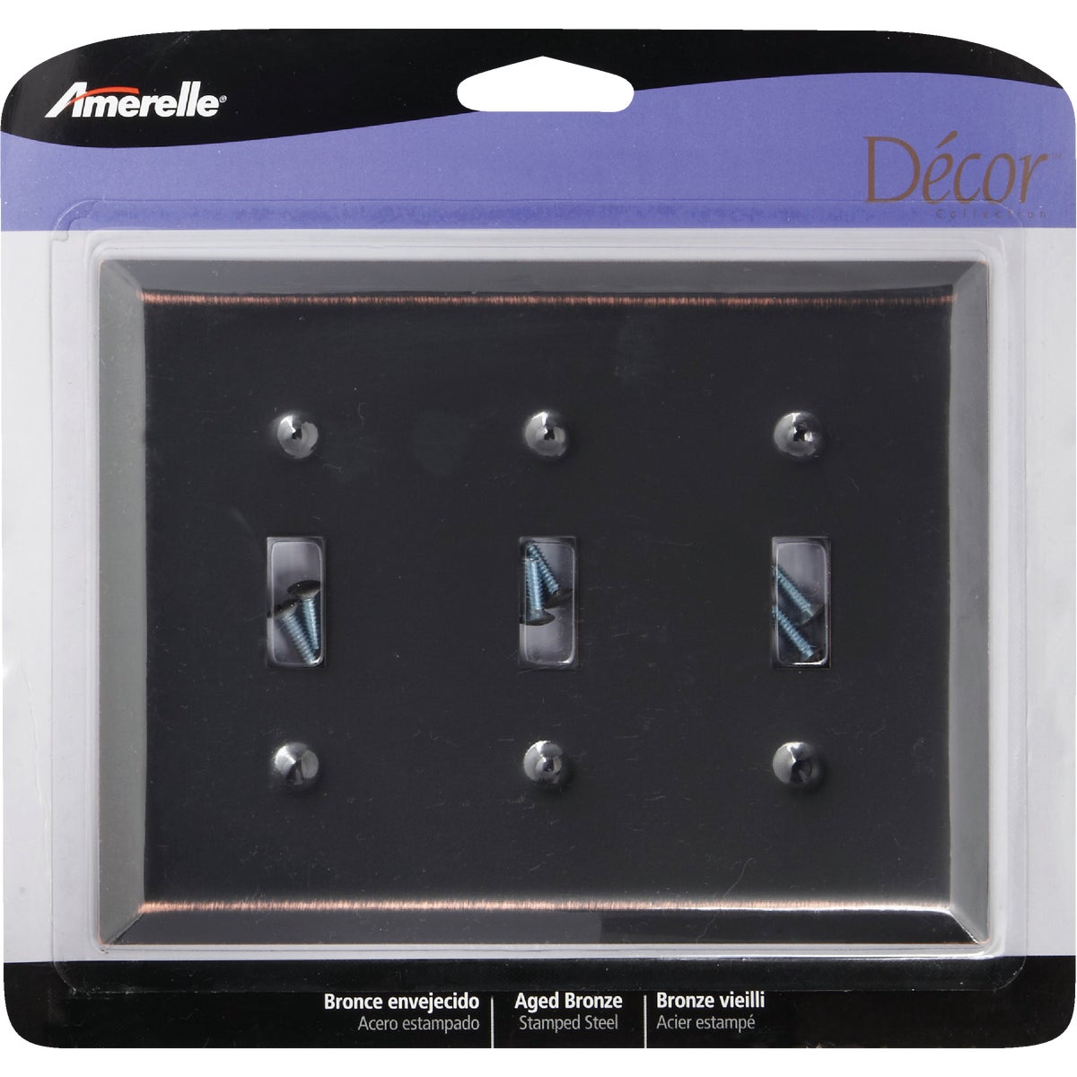 Amerelle 3-Gang Stamped Steel Toggle Switch Wall Plate, Aged Bronze Image 2