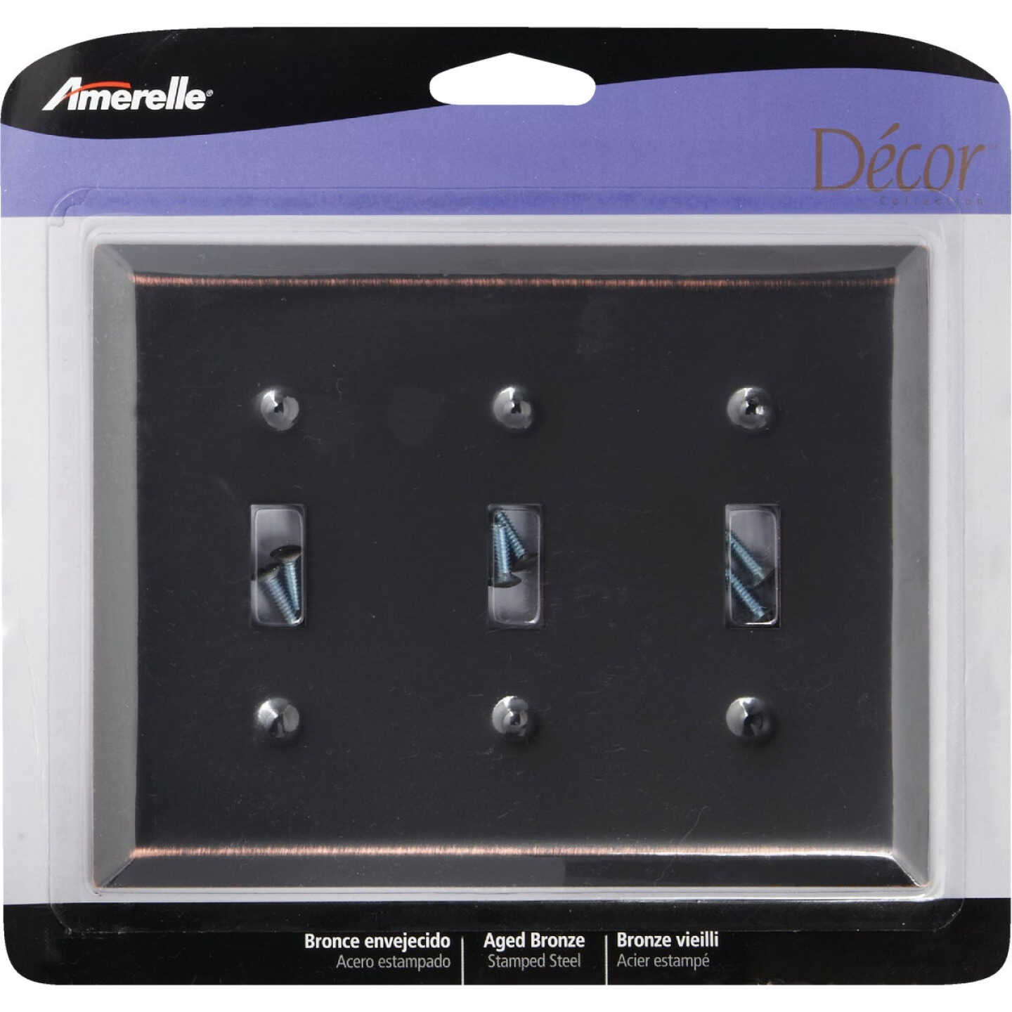 Amerelle 3-Gang Stamped Steel Toggle Switch Wall Plate, Aged Bronze Image 2