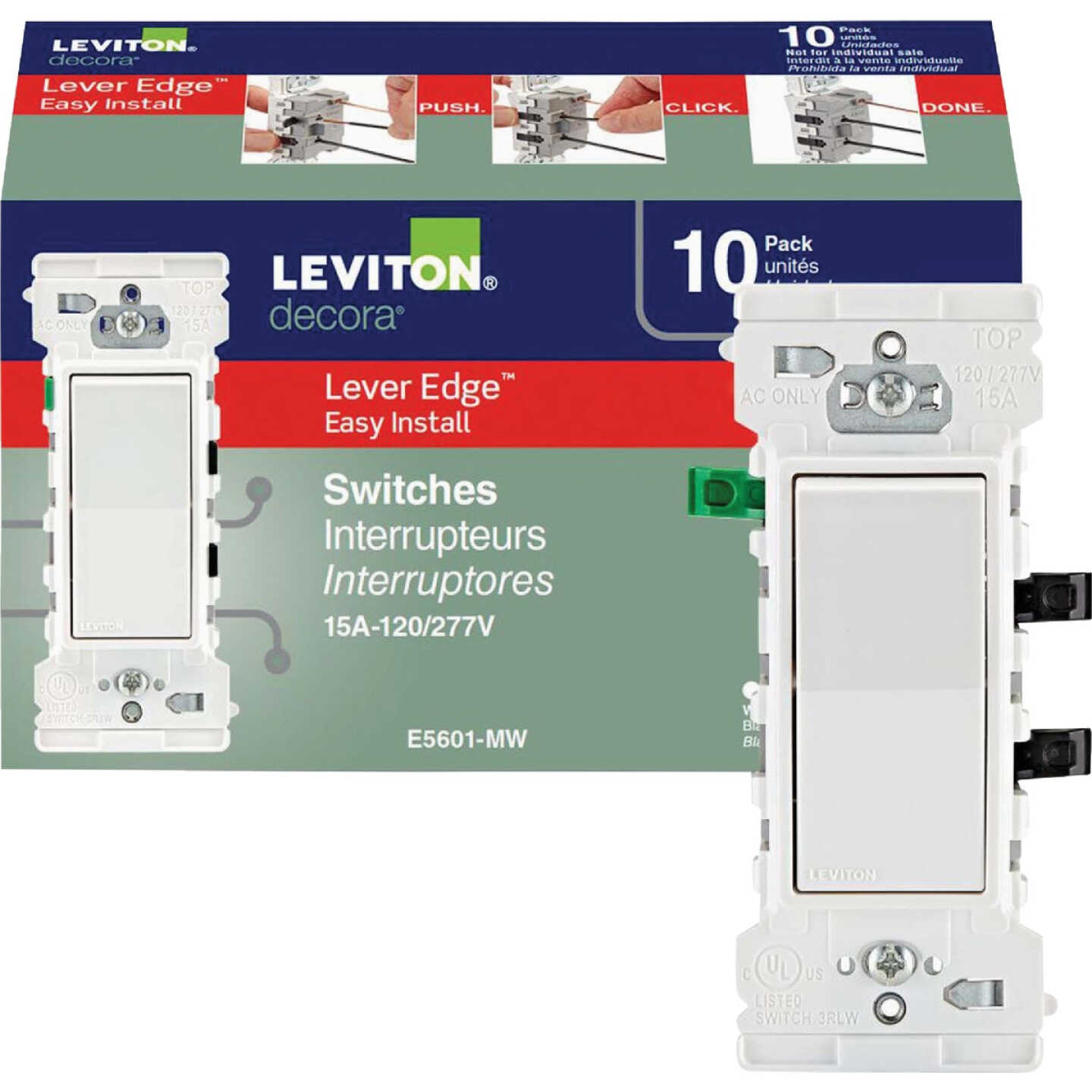 Leviton Decora Lever Edge Residential Grade 15A Rocker Single Pole Switch, White (10-Pack) Image 1