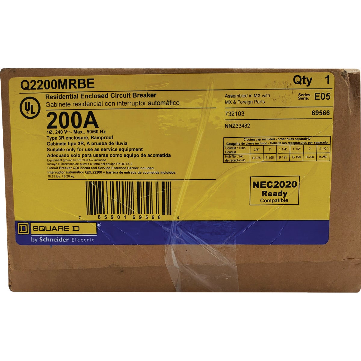 Square D QO 200A Double-Pole Standard Trip Outdoor Enclosed Raintight Main Breaker Disconnect Image 2