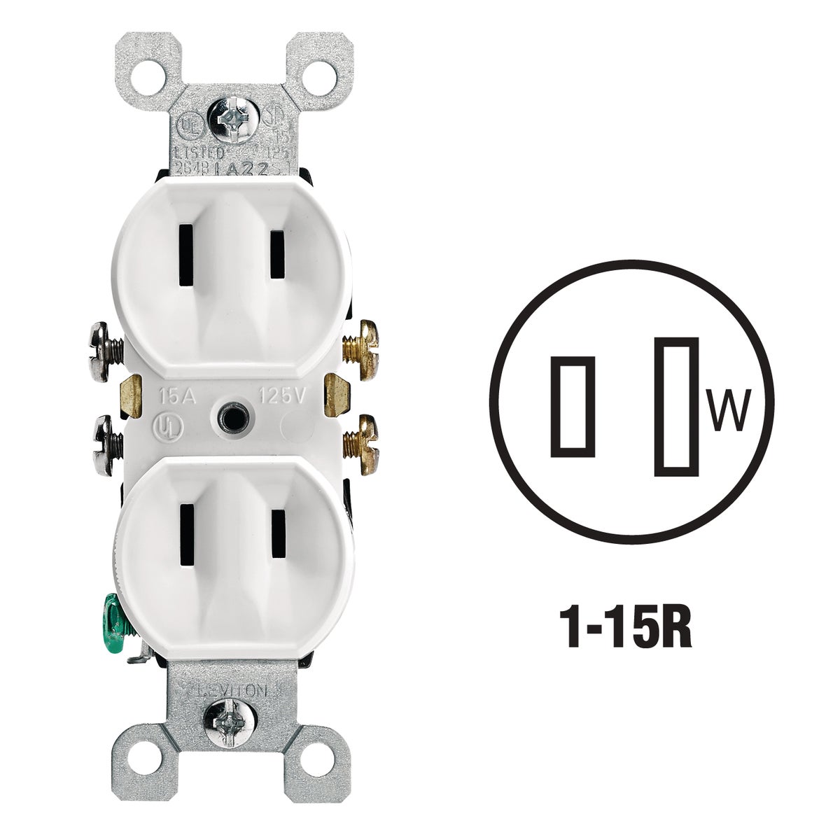 Leviton 15A White Residential Grade 1-15R Duplex Outlet Image 1