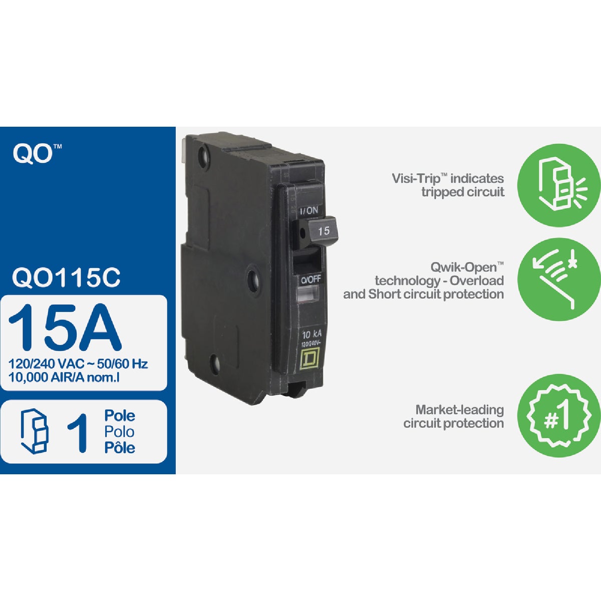 Square D QO 15A Single-Pole Standard Trip Circuit Breaker Image 2