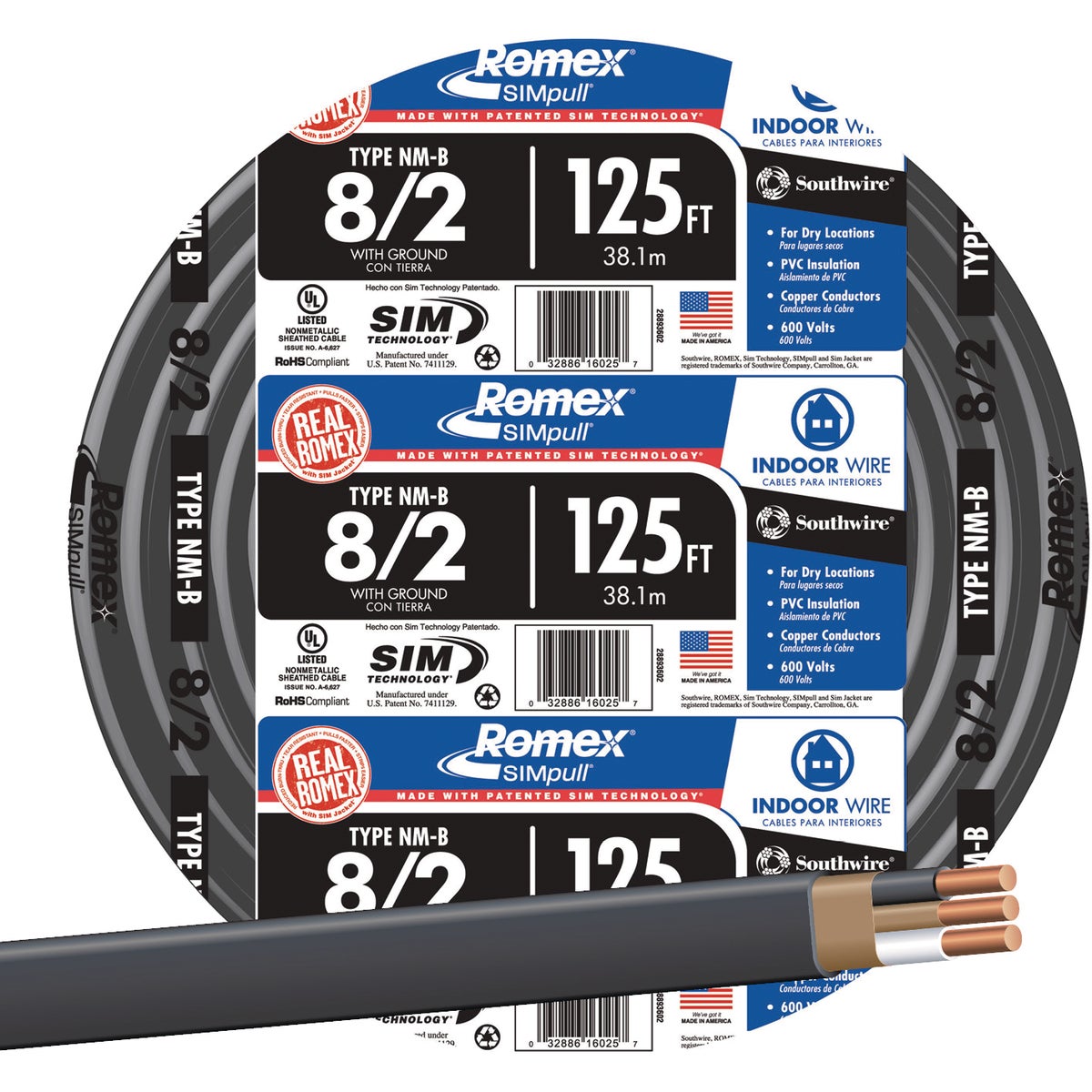 Romex 125 Ft. 8/2 Stranded Black NMW/G Electrical Wire Image 1