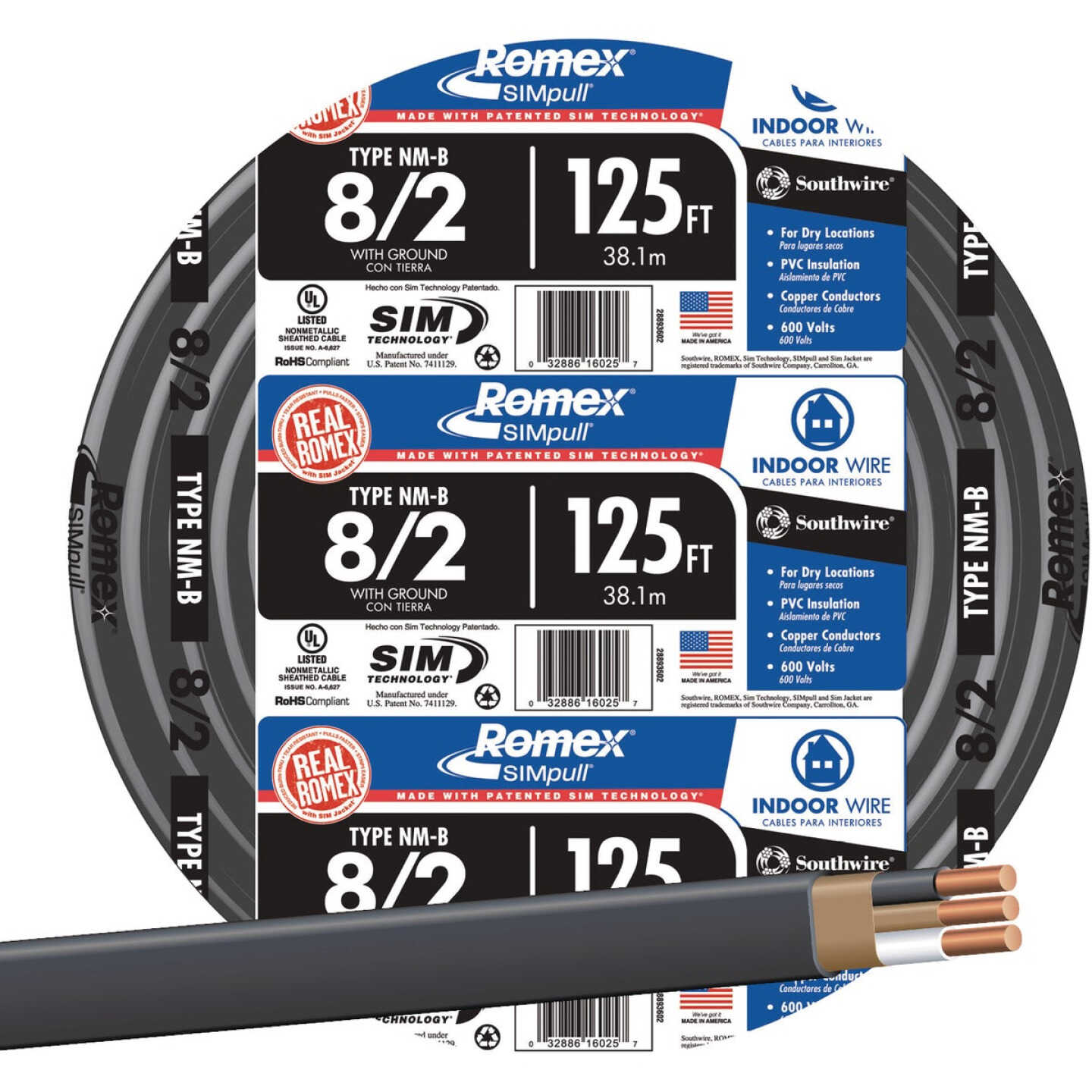 Romex 125 Ft. 8/2 Stranded Black NMW/G Electrical Wire Image 1