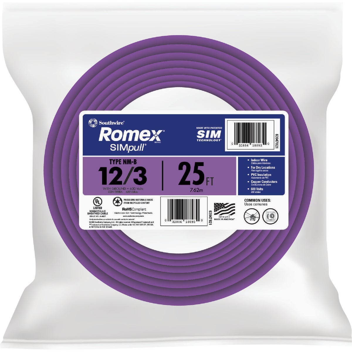 Romex 25 Ft. 12/3 Solid Purple NMW/G Electrical Wire
